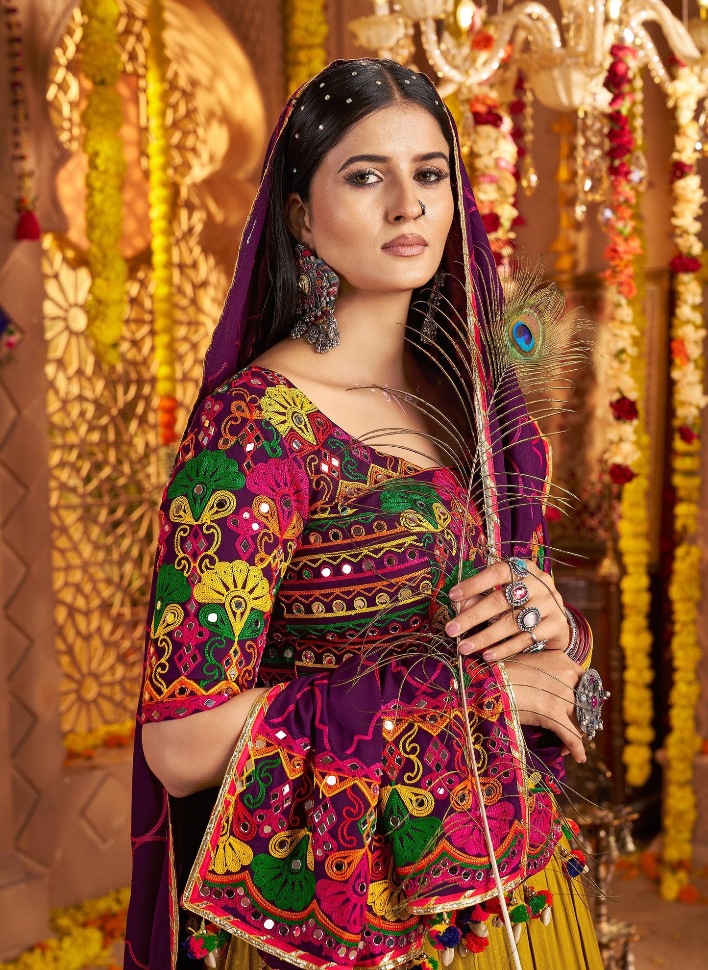 Green & Purple Viscose Cotton Mirror Work Navratri  Chaniya Choli