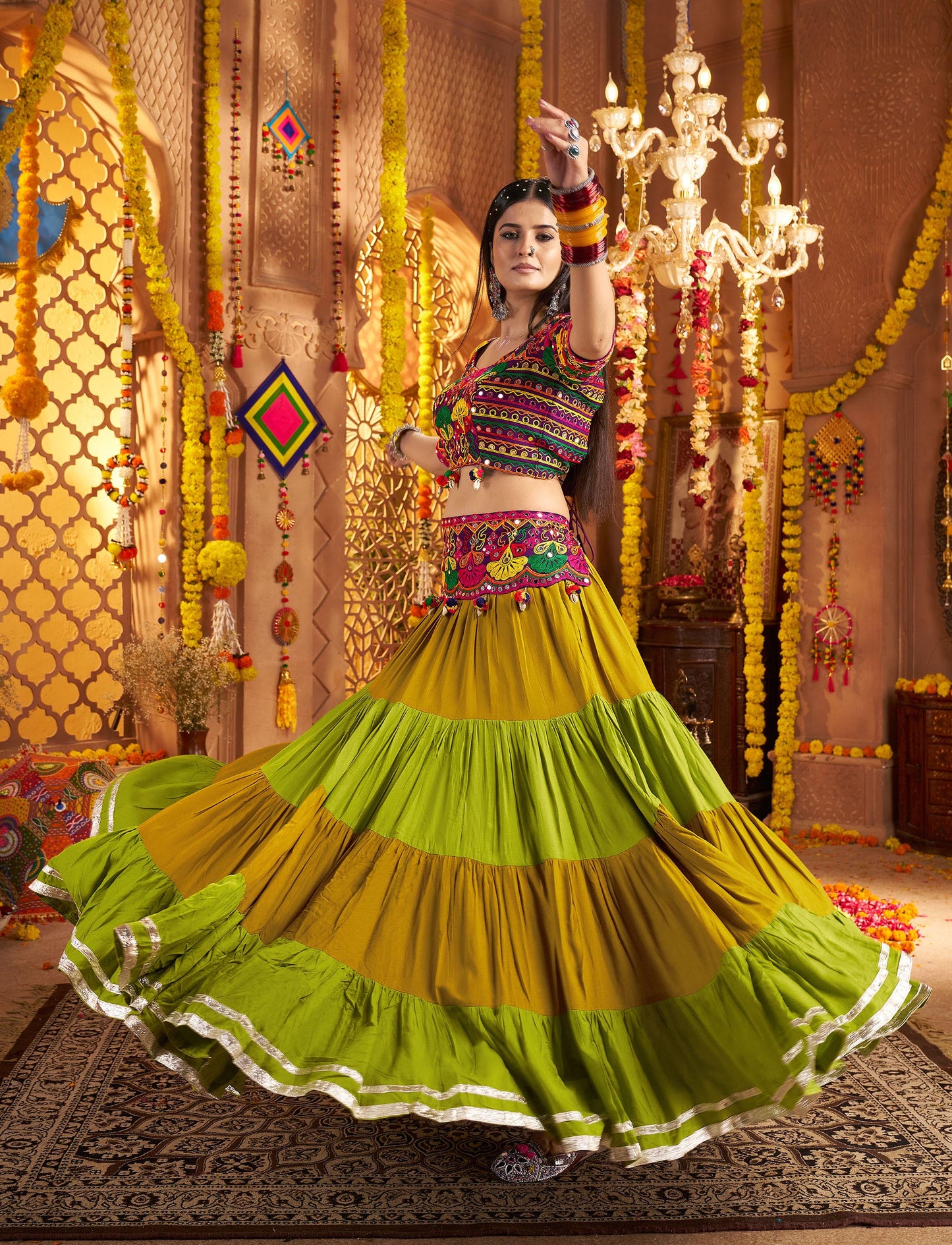 Green & Purple Viscose Cotton Mirror Work Navratri Chaniya Choli