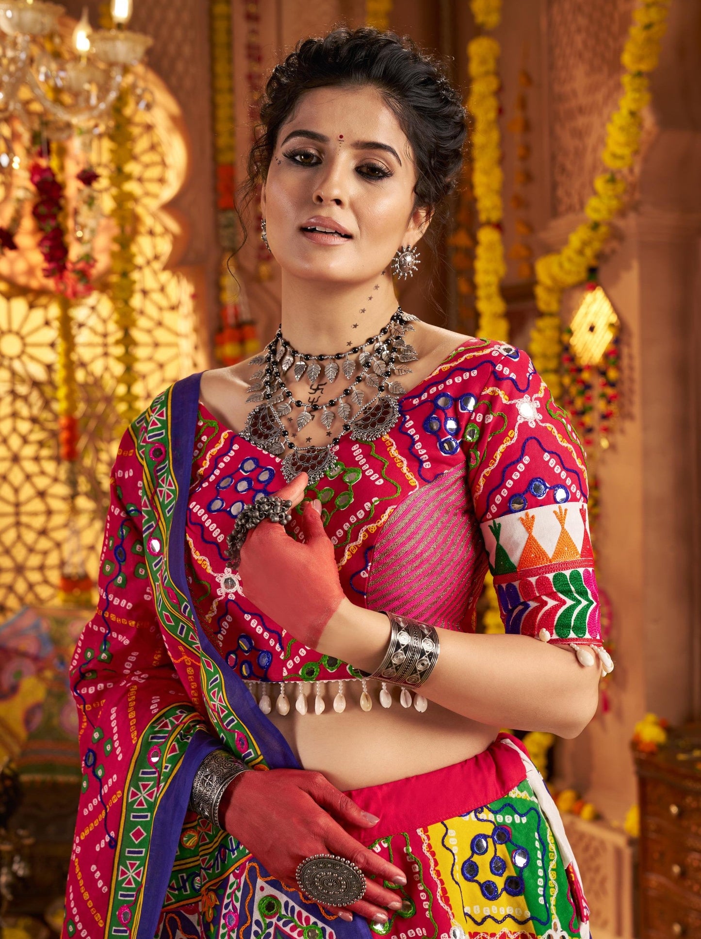 Multi Color Organic Cotton Aari & Foil Work Navratri  Chaniya Choli