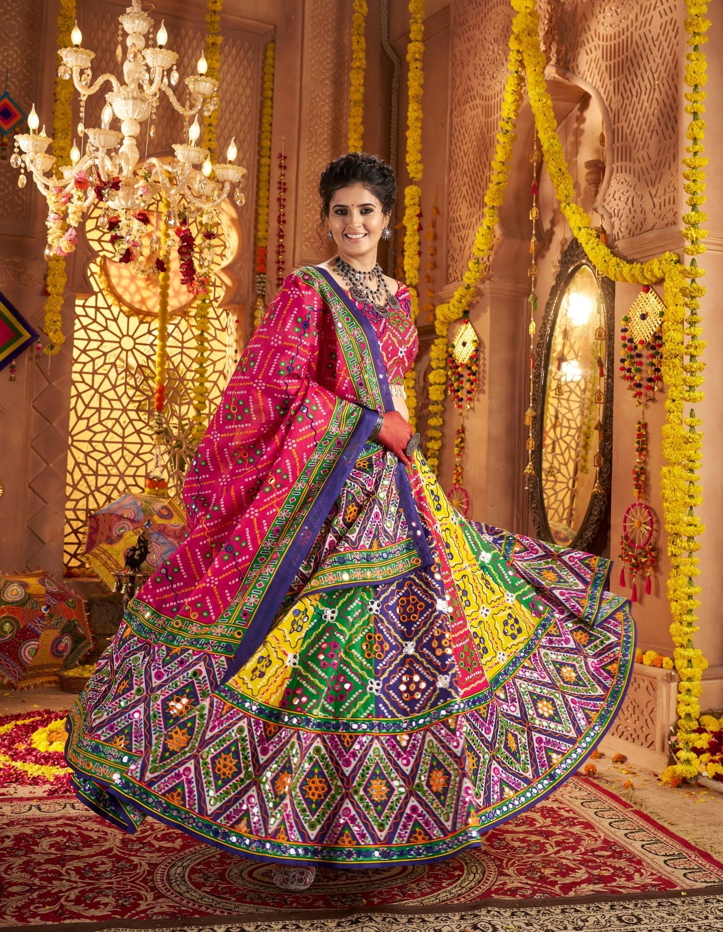 Multi Color Organic Cotton Aari & Foil Work Navratri  Chaniya Choli