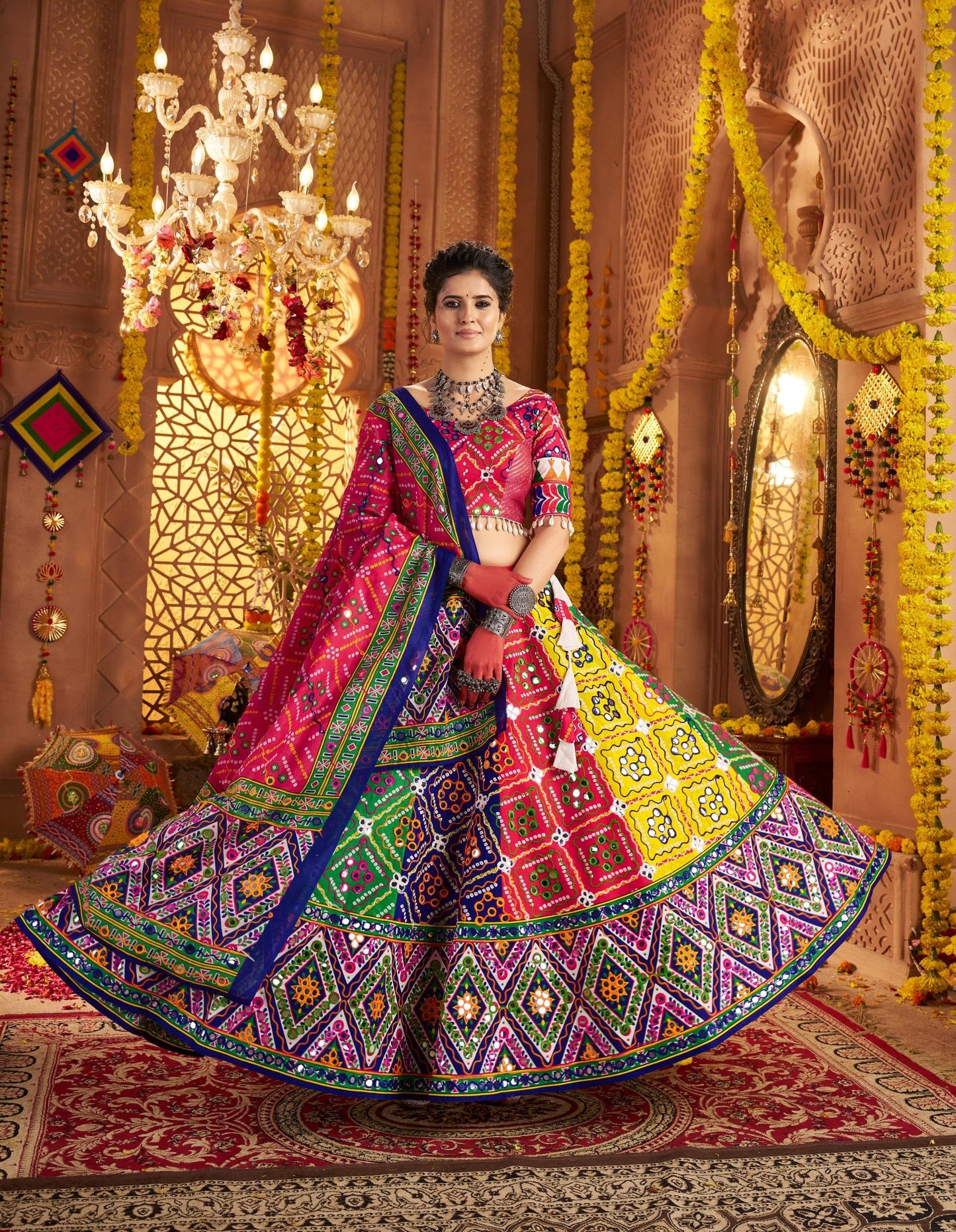 Multi Color Organic Cotton Aari & Foil Work Navratri Chaniya Choli