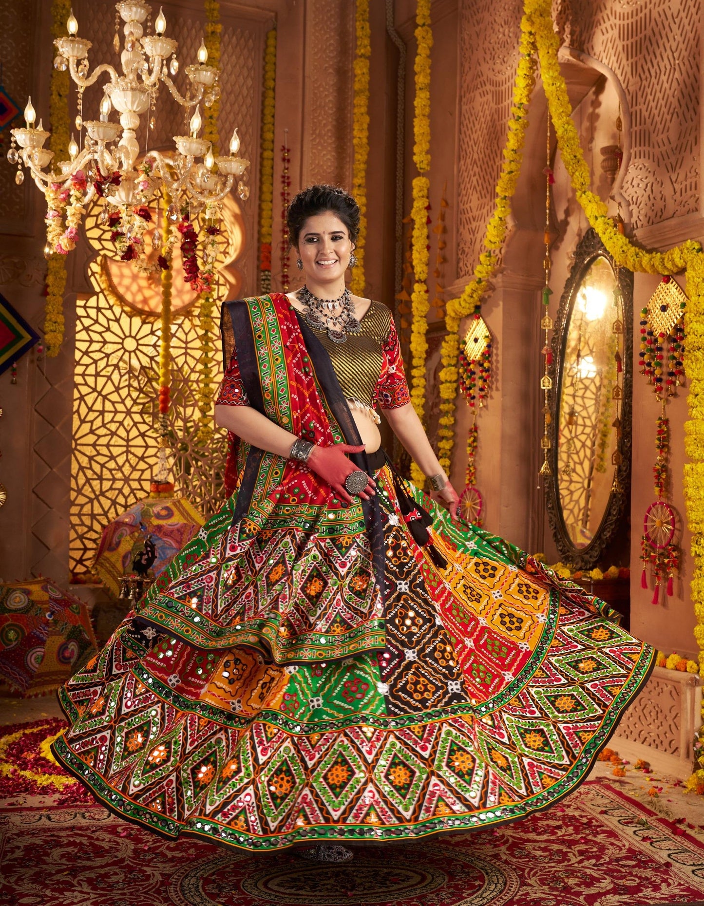 Multi Color Organic Cotton Print with Aari & Foil Work Navratri Chaniya Choli