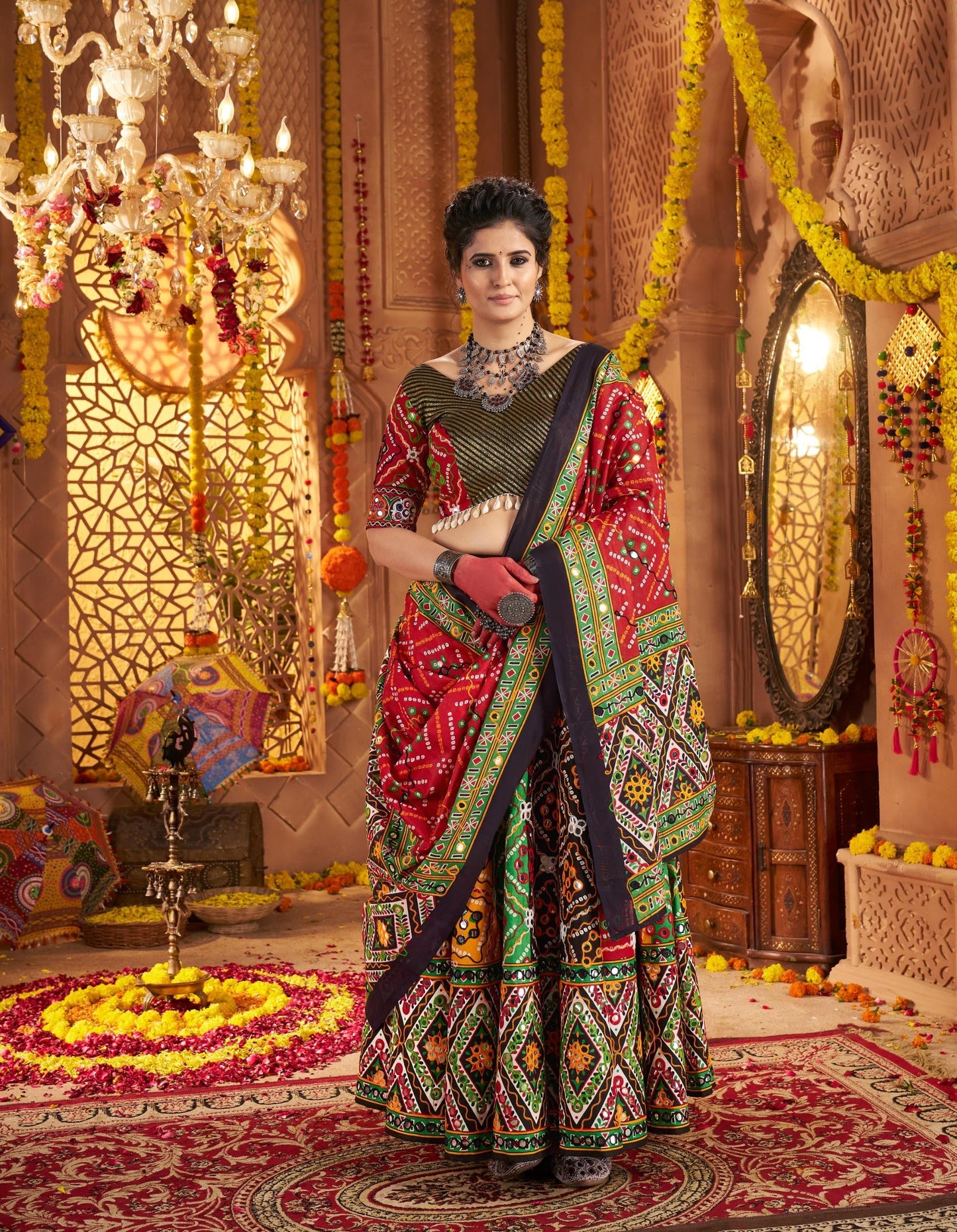 Multi Color Organic Cotton Print with Aari & Foil Work Navratri Chaniya Choli