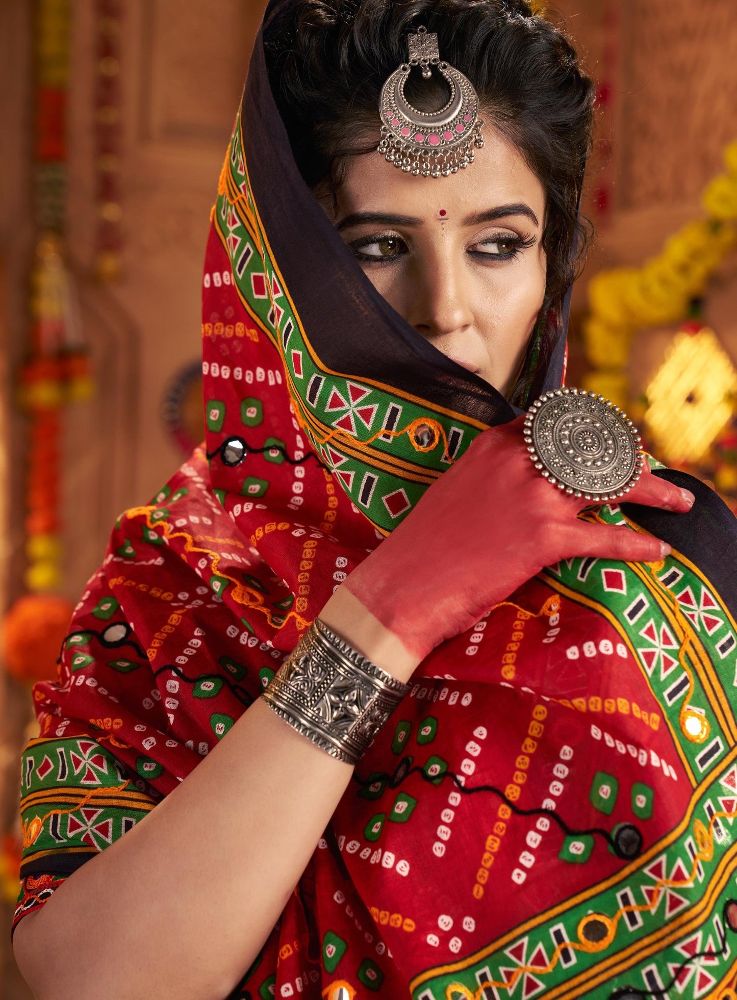 Multi Color Organic Cotton Print with Aari & Foil Work Navratri  Chaniya Choli