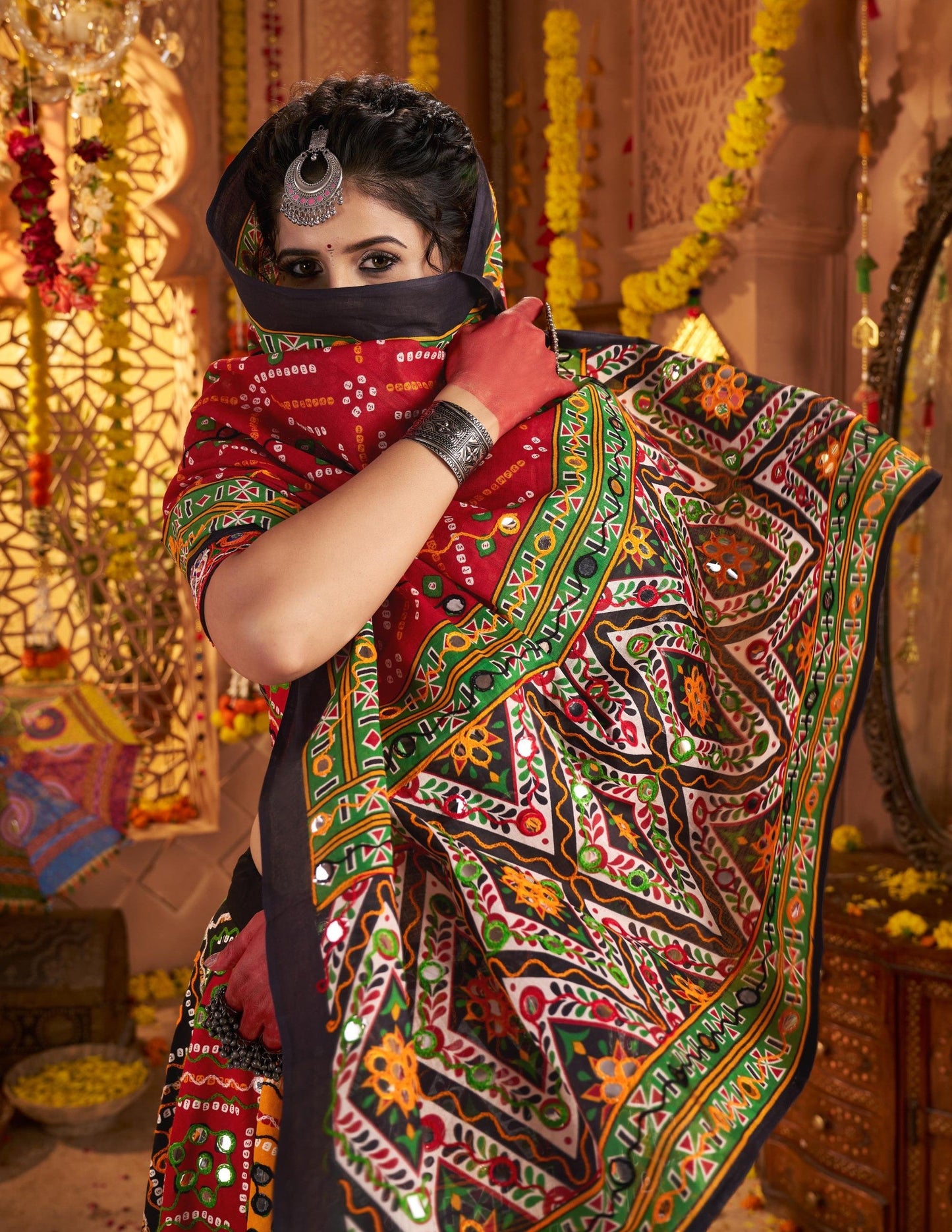 Multi Color Organic Cotton Print with Aari & Foil Work Navratri  Chaniya Choli