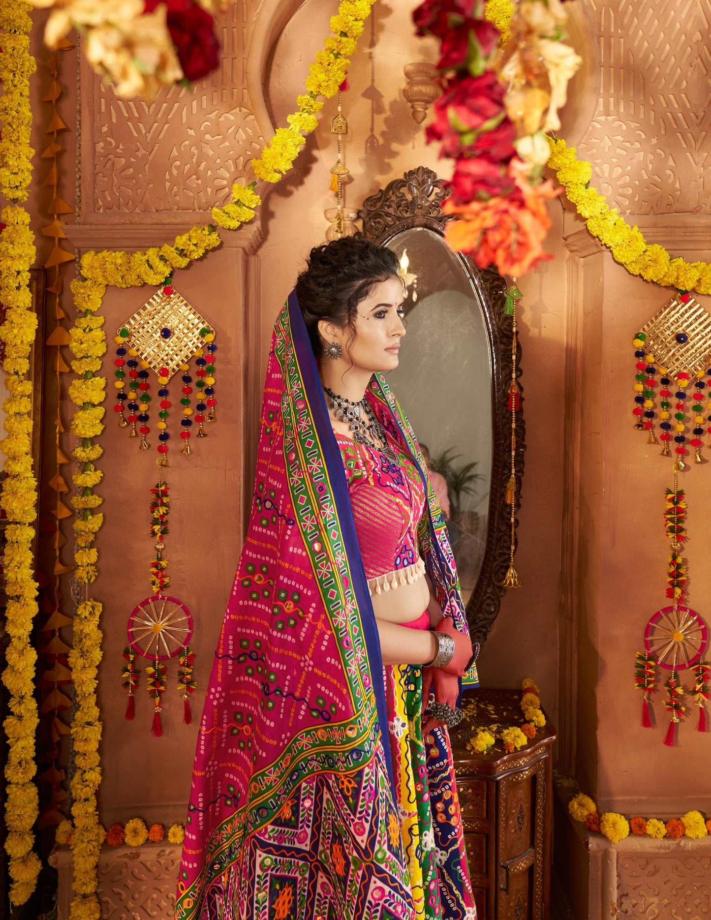 Multi Color Organic Cotton Print with Aari & Foil Work Navratri  Chaniya Choli