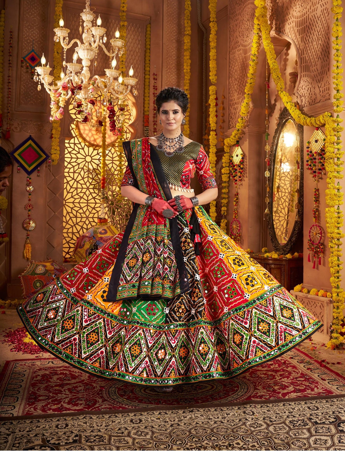 Multi Color Organic Cotton Print with Aari & Foil Work Navratri Chaniya Choli