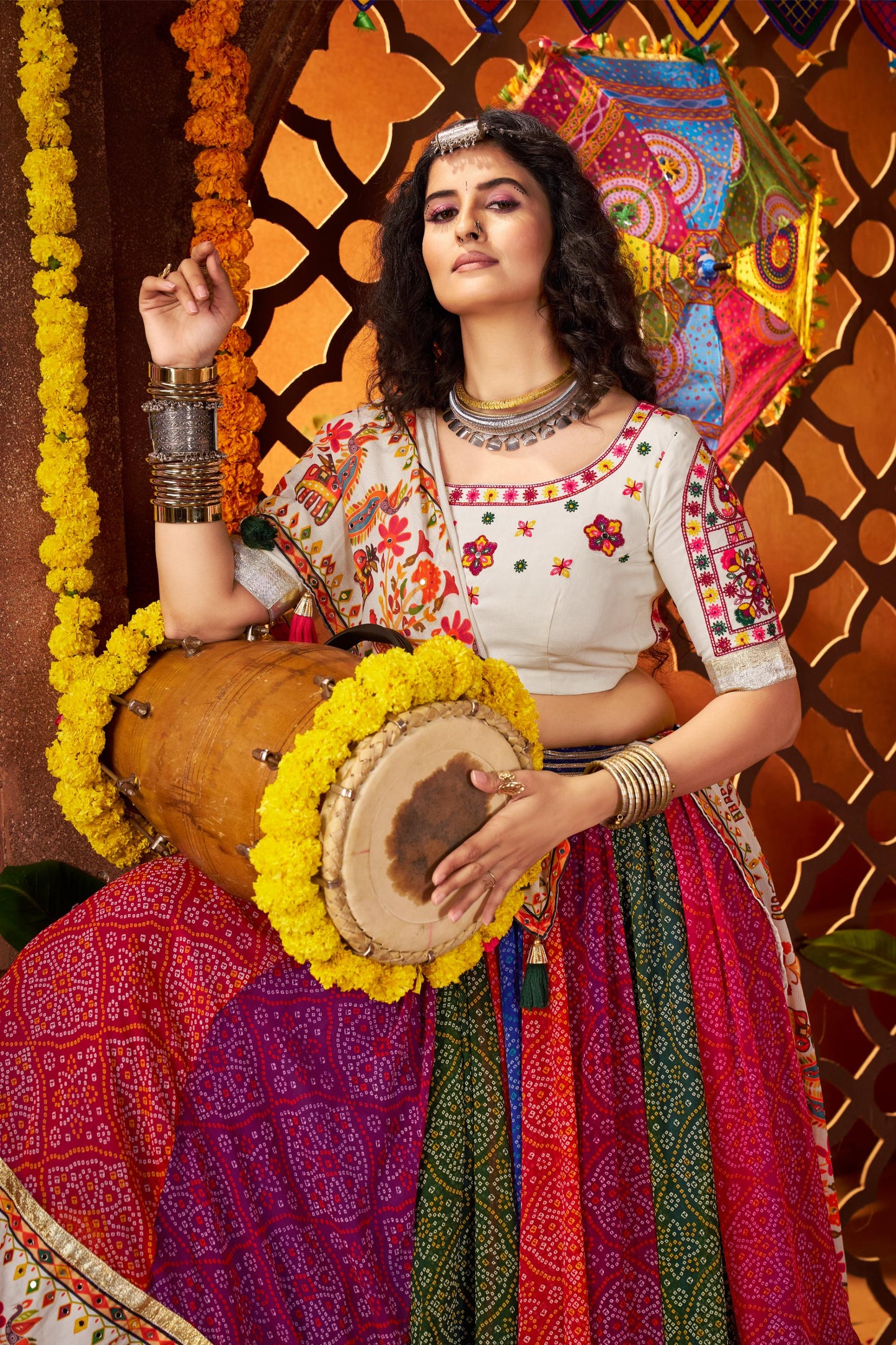 Multi Color Georgette & Viscose Cotton Mirror Work Navratri Chaniya Choli