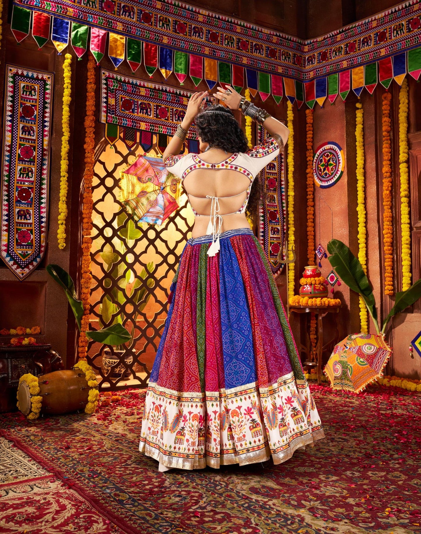 Multi Color Georgette & Viscose Cotton Mirror Work Navratri Chaniya Choli