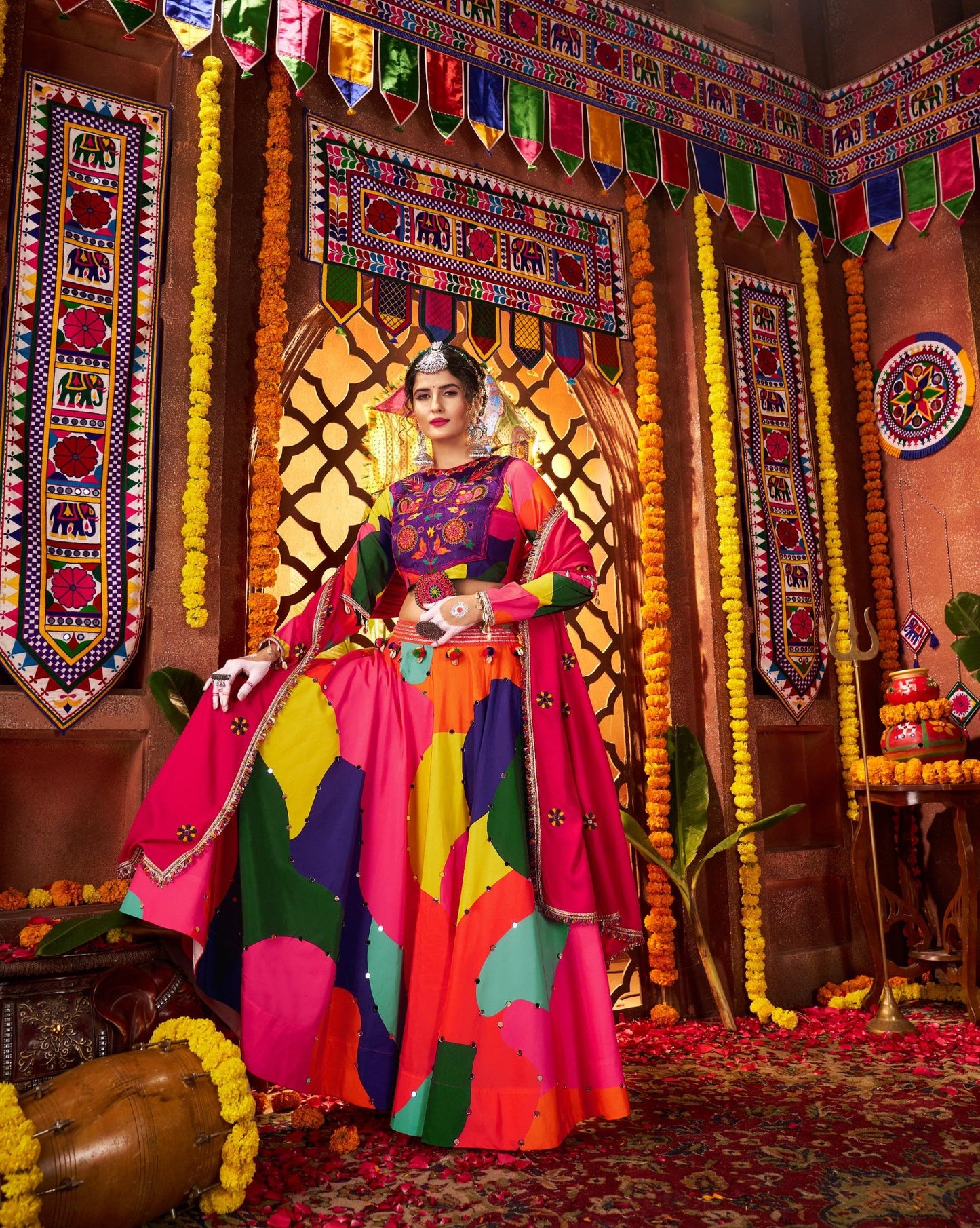 Multi Color Muslin & Viscose Cotton Mirror Work Navratri Chaniya Choli