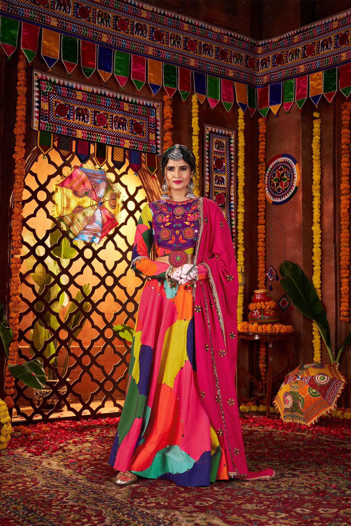 Multi Color Muslin & Viscose Cotton Mirror Work Navratri Chaniya Choli