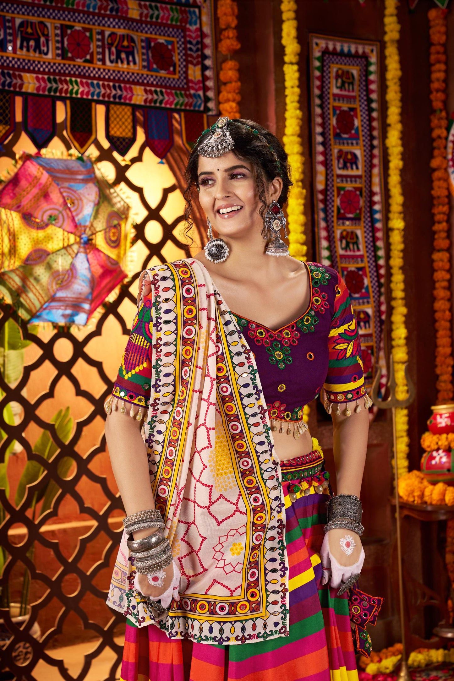 Multi Color Muslin & Viscose Cotton Thread Work Navratri Chaniya Choli