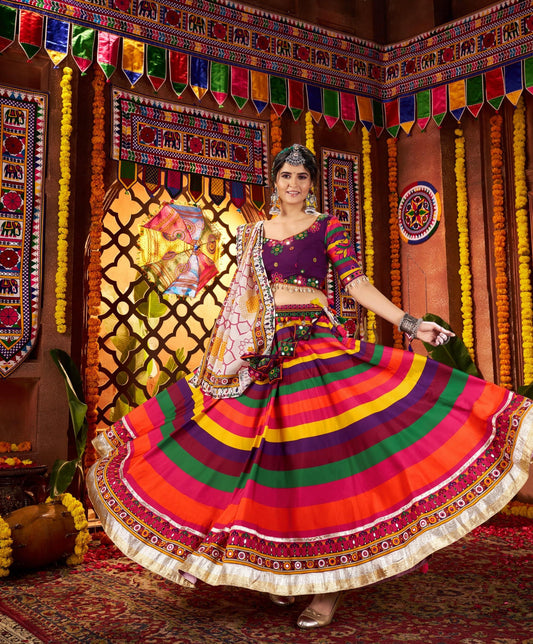 Multi Color Muslin & Viscose Cotton Thread Work Navratri Chaniya Choli