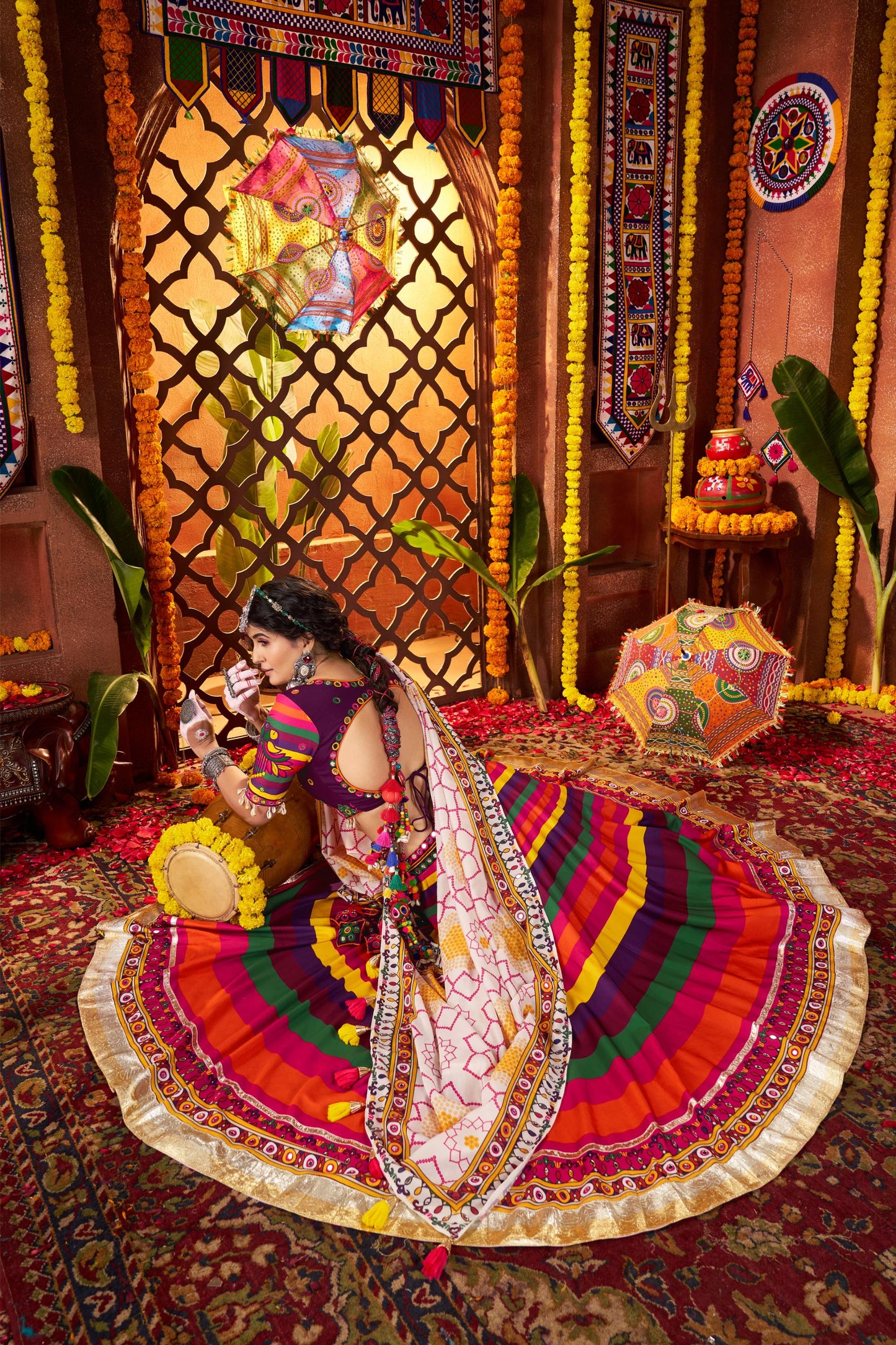 Multi Color Muslin & Viscose Cotton Thread Work Navratri Chaniya Choli