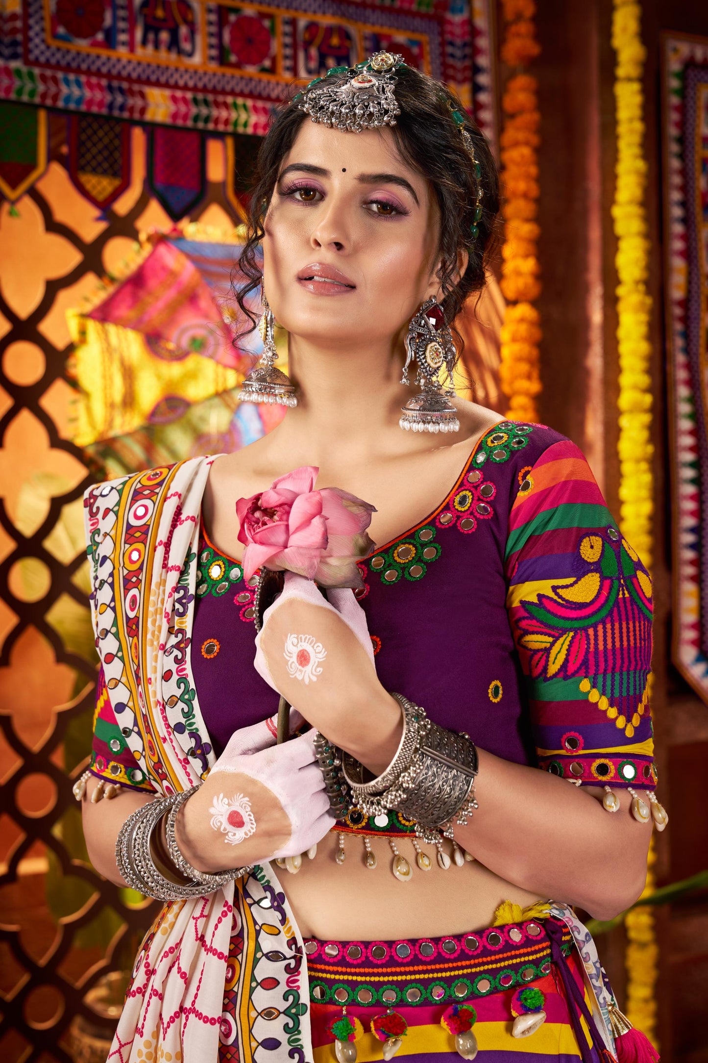 Multi Color Muslin & Viscose Cotton Thread Work Navratri Chaniya Choli