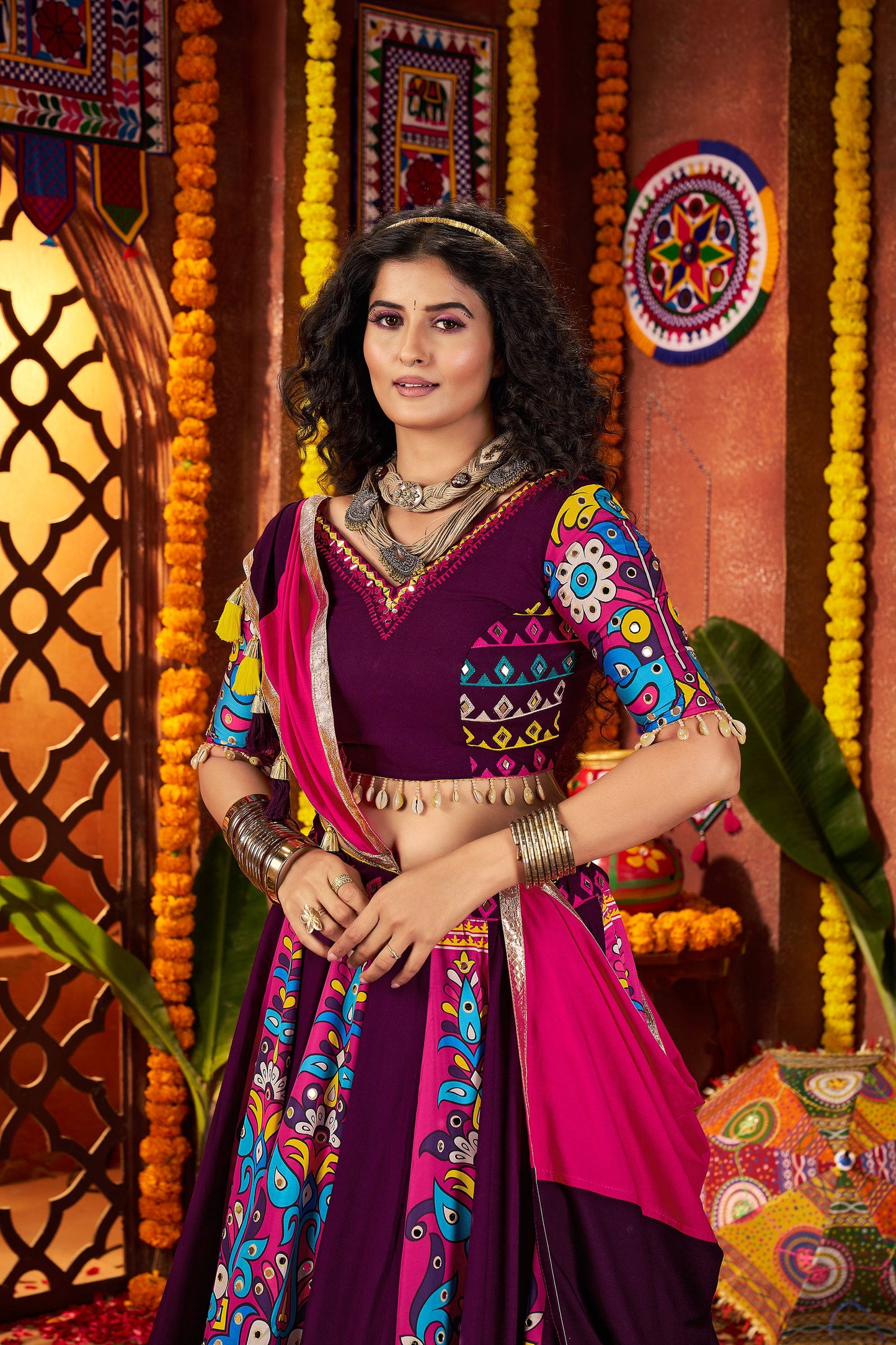 Purple Viscose Cotton Digital Print & Mirror Work Navratri Lehenga Choli