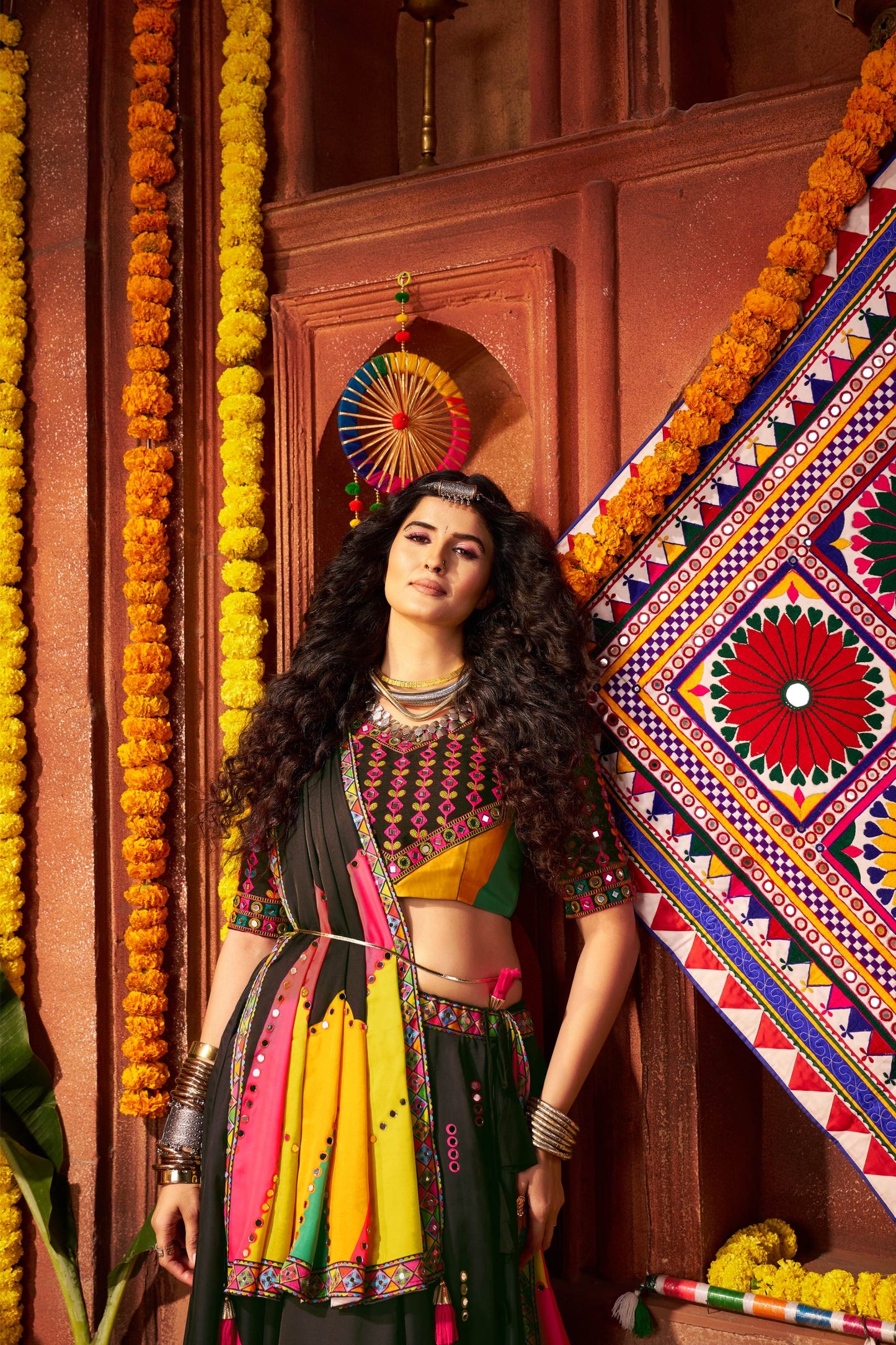 Black Gaji Silk Digital Print & Mirror Work Navratri Lehenga Choli