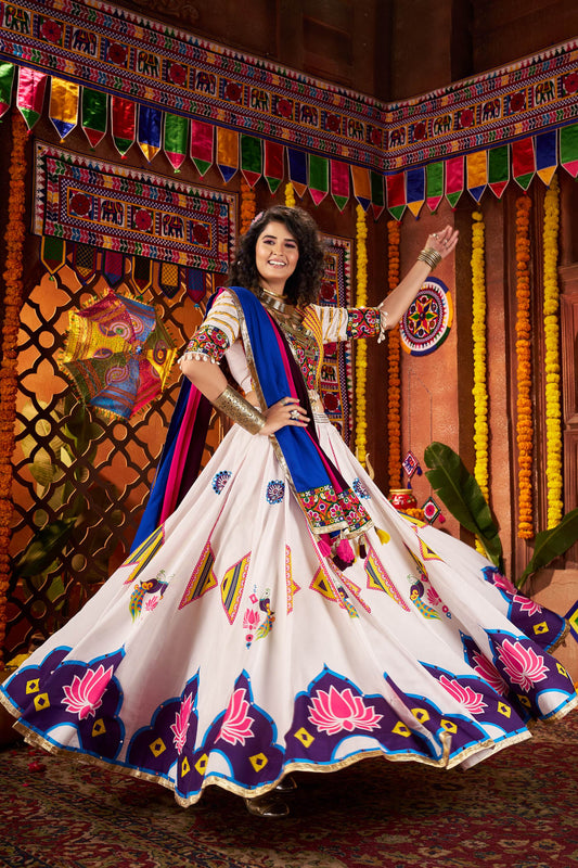 White Gaji Silk Digital Print & Mirror Work Navratri Lehenga Choli