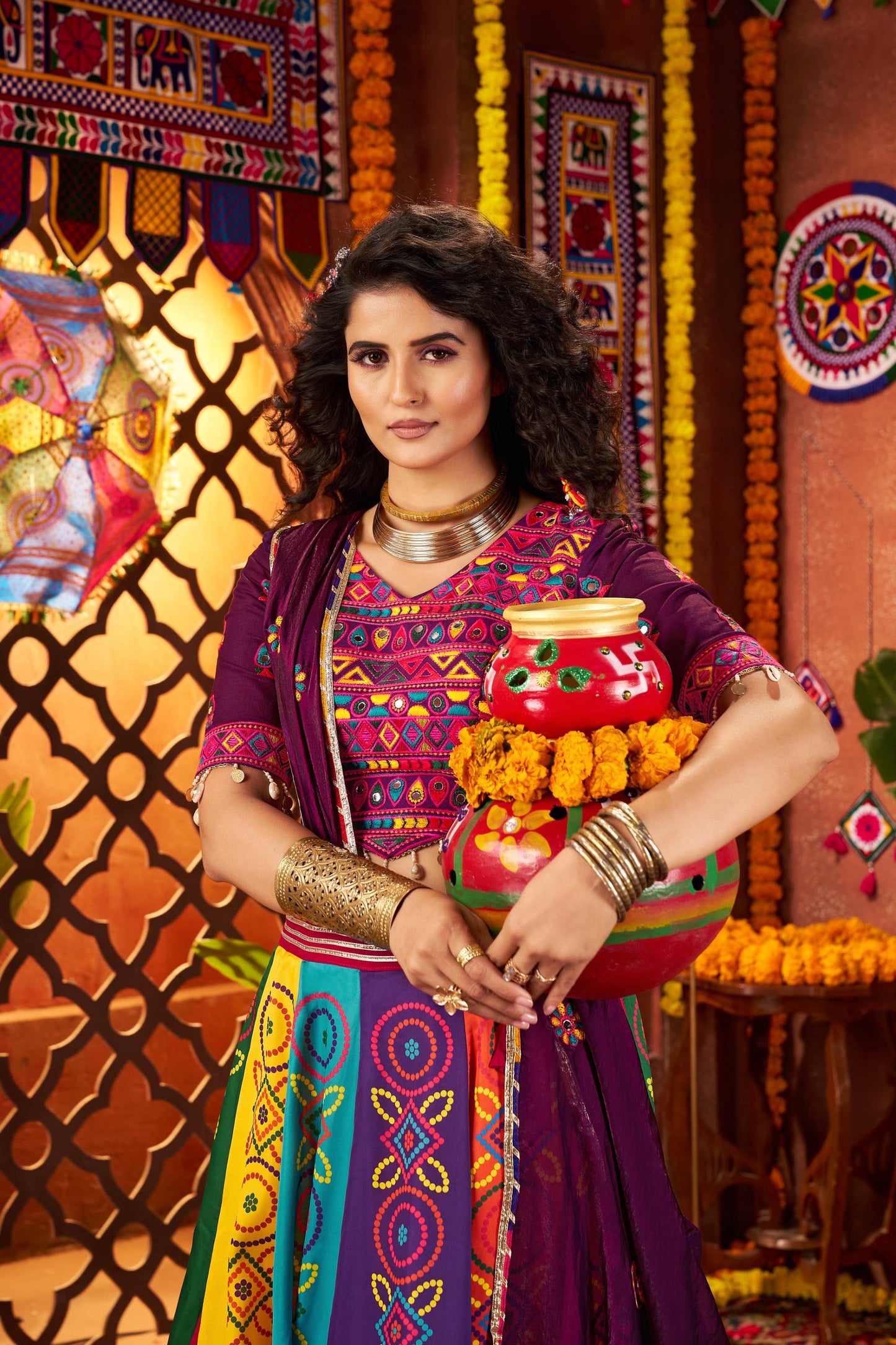 Multi Color Gaji Silk Digital Print & Mirror Work Navratri Lehenga Choli