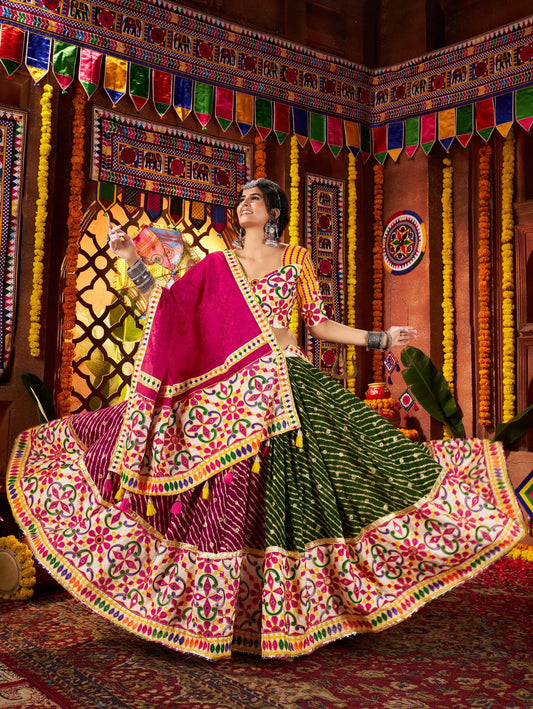 Multi Color Viscose Cotton Jacquard Weaving & Mirror Work Navratri Chaniya Choli