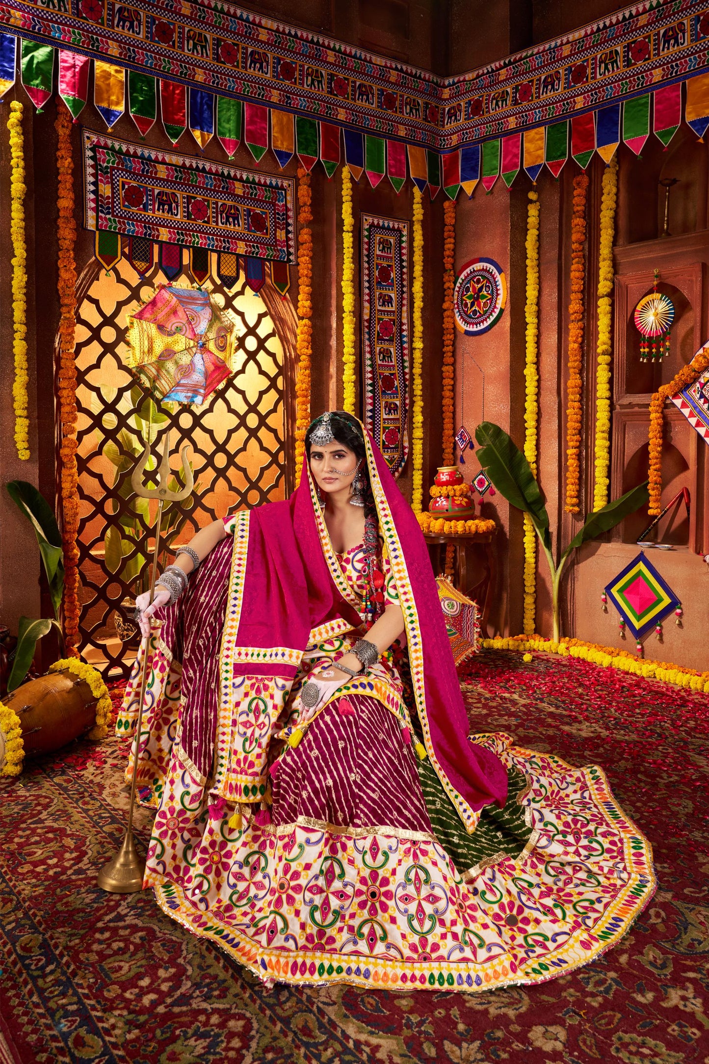 Multi Color Viscose Cotton Jacquard Weaving & Mirror Work Navratri Chaniya Choli