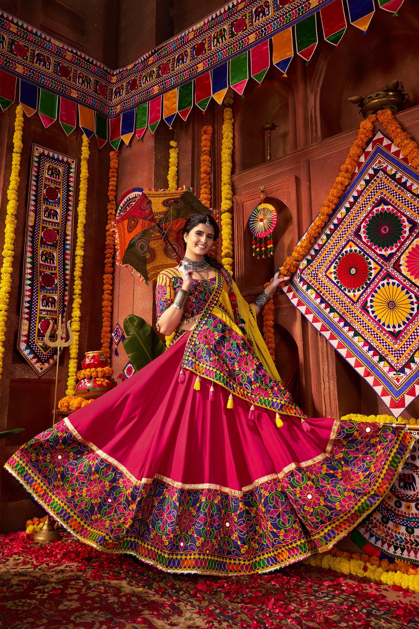 Multi Color Viscose Cotton & Muslin Mirror Work Navratri Chaniya Choli