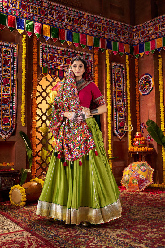 Fluorescent Green Viscose Cotton Thread Work Navratri Chaniya Choli
