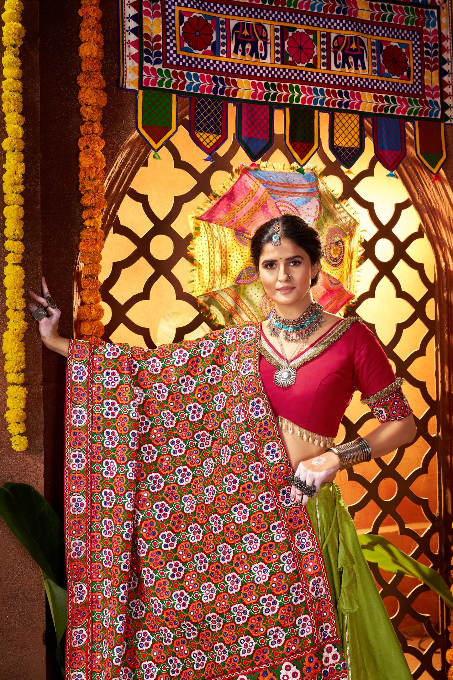 Fluorescent Green Viscose Cotton Thread Work Navratri Chaniya Choli