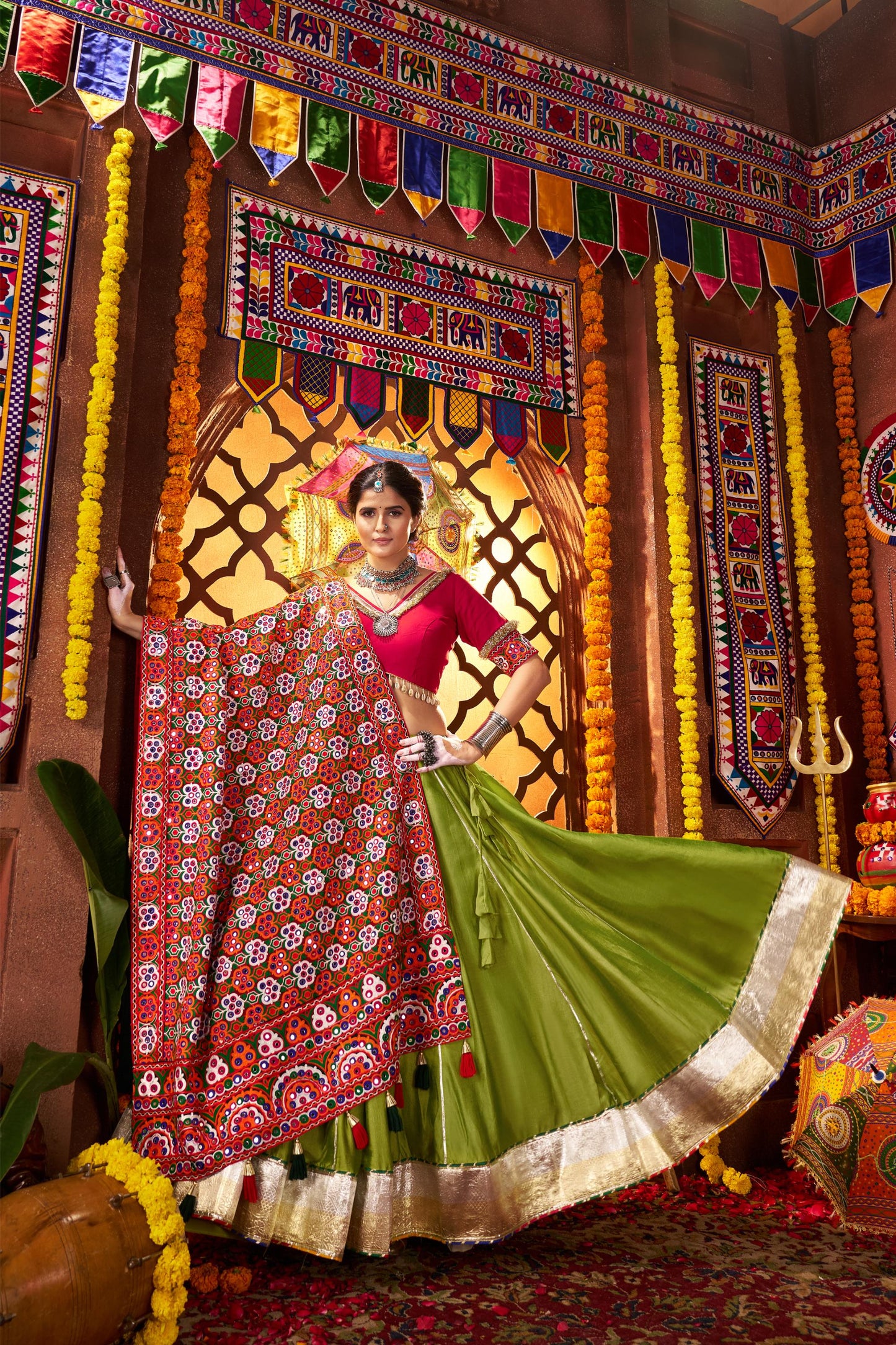 Fluorescent Green Viscose Cotton Thread Work Navratri Chaniya Choli
