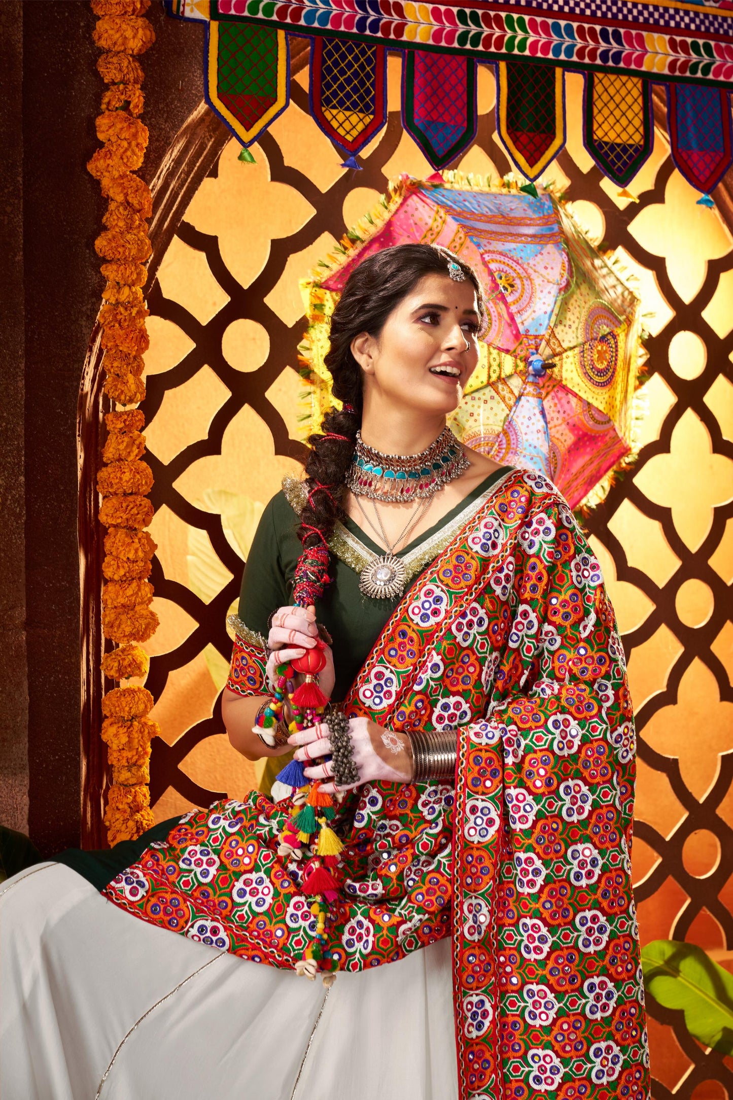 White Viscose Cotton Mirror Work Navratri Chaniya Choli