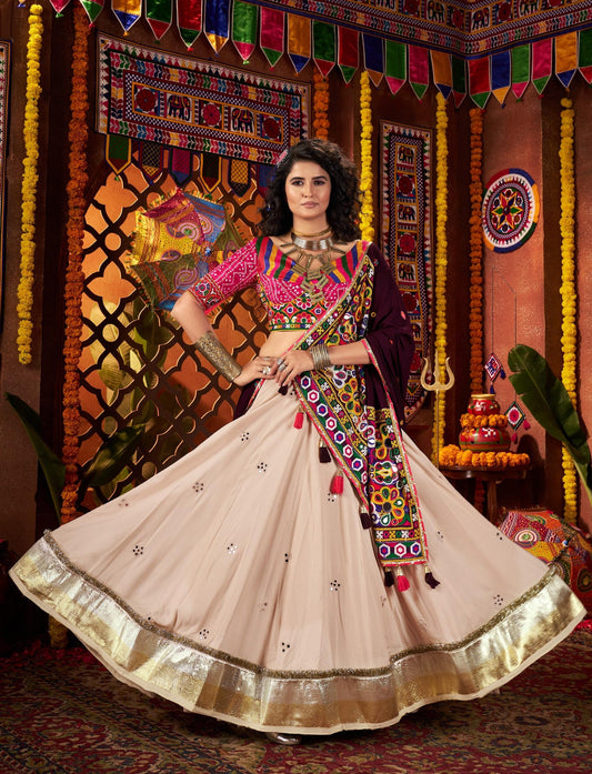 Beige Viscose Cotton Print Jacquard Kutchi & Mirror Work Navratri Lehenga