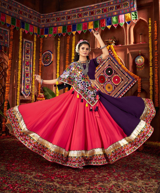 Multi Color Viscose Cotton Print Jacquard Kutchi & Mirror Work Navratri Lehenga
