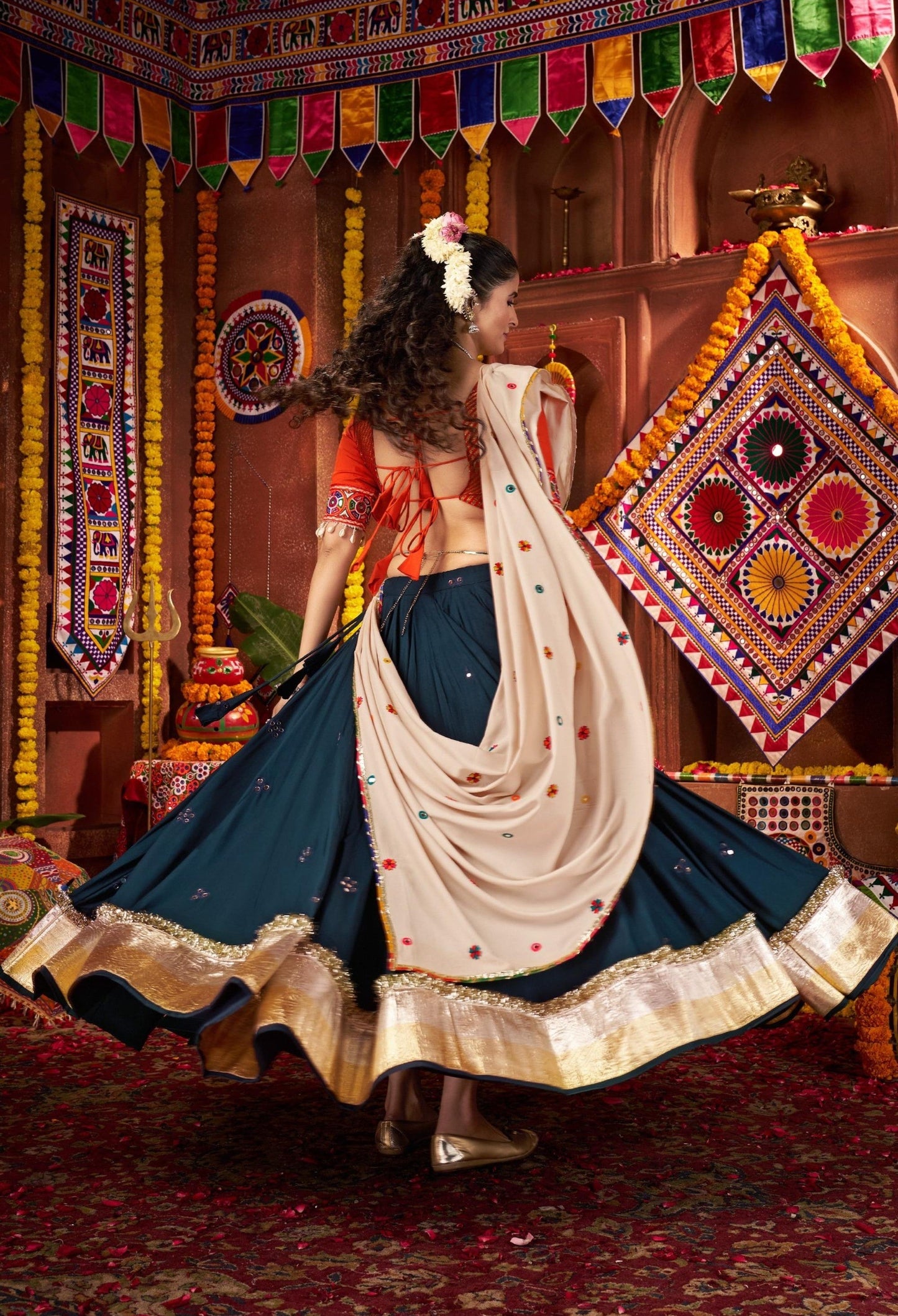 Teal Blue Viscose Cotton Print Jacquard Kutchi & Mirror Work Navratri Lehenga