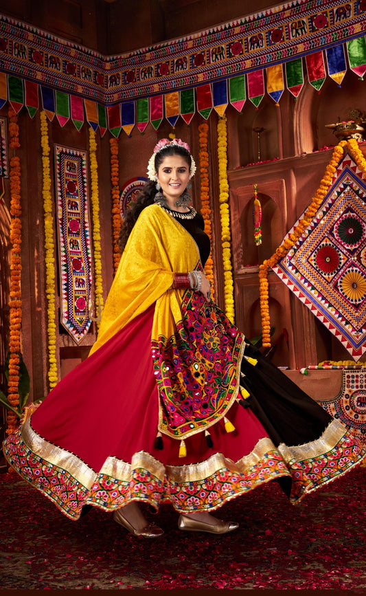 Multi Color Viscose Cotton Jacquard Kutchi & Mirror Work Navratri Lehenga
