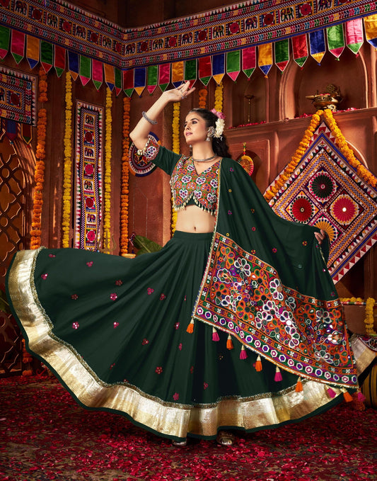 Green Viscose Cotton Print Jacquard Kutchi & Mirror Work Navratri Lehenga