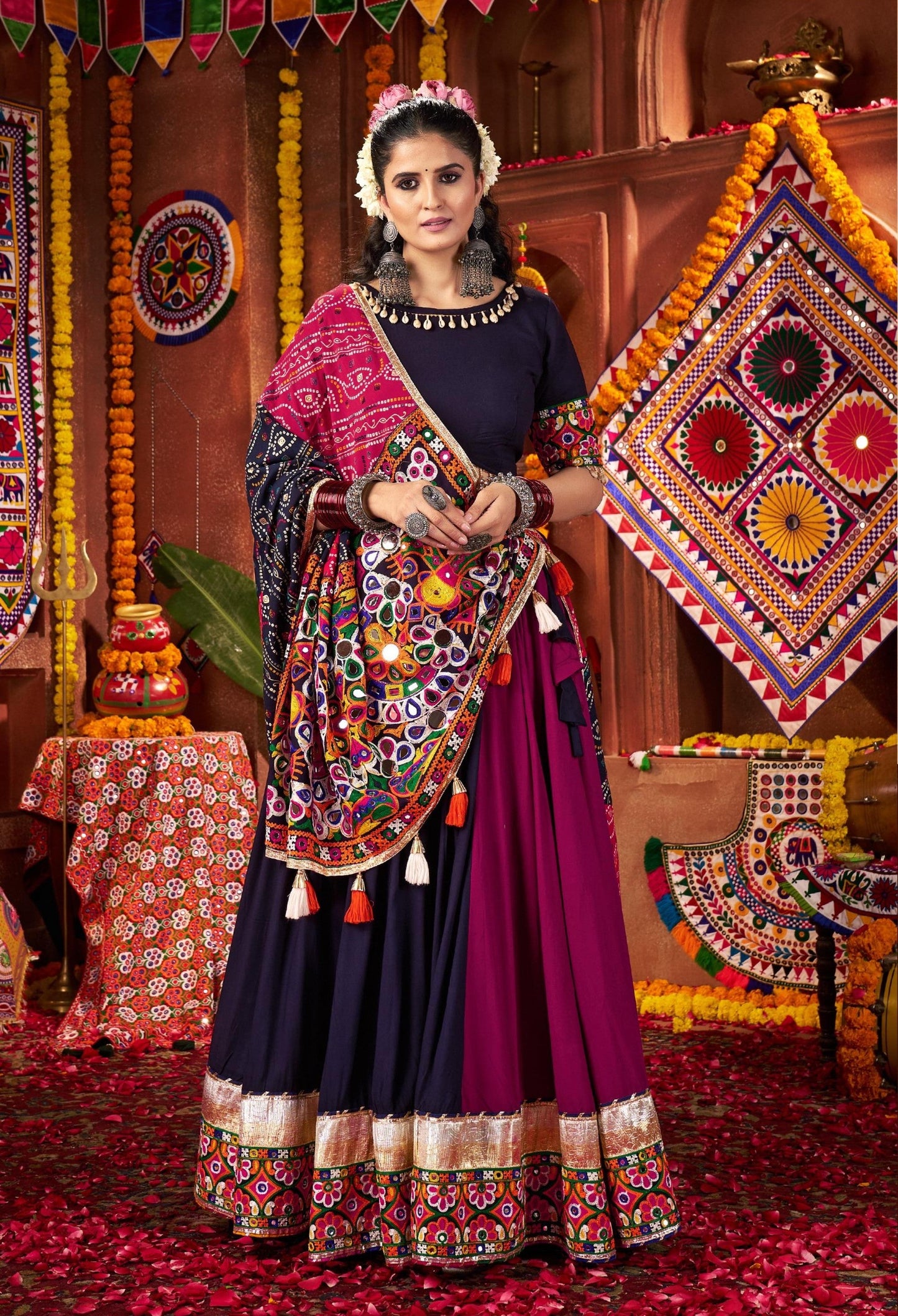 Multi Color Viscose Cotton Print Mirror Work  & Jacquard Kutchi Work Navratri Lehenga