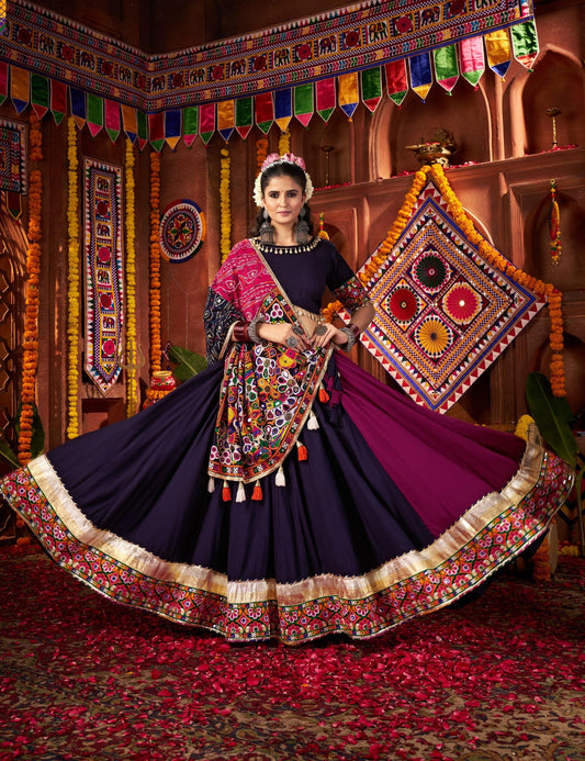 Multi Color Viscose Cotton Print Mirror Work  & Jacquard Kutchi Work Navratri Lehenga