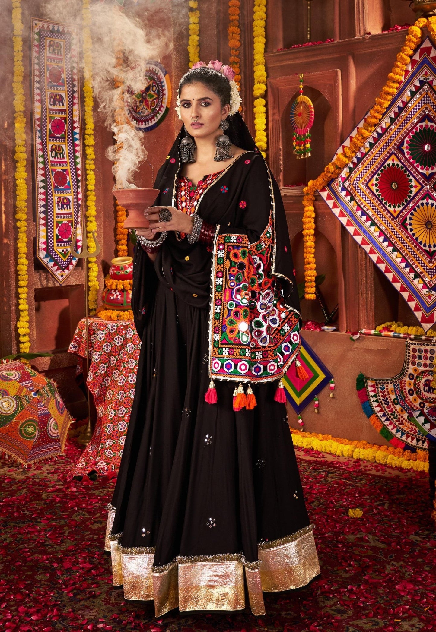 Black Viscose Cotton Jacquard Kutchi & Mirror Work Navratri Lehenga