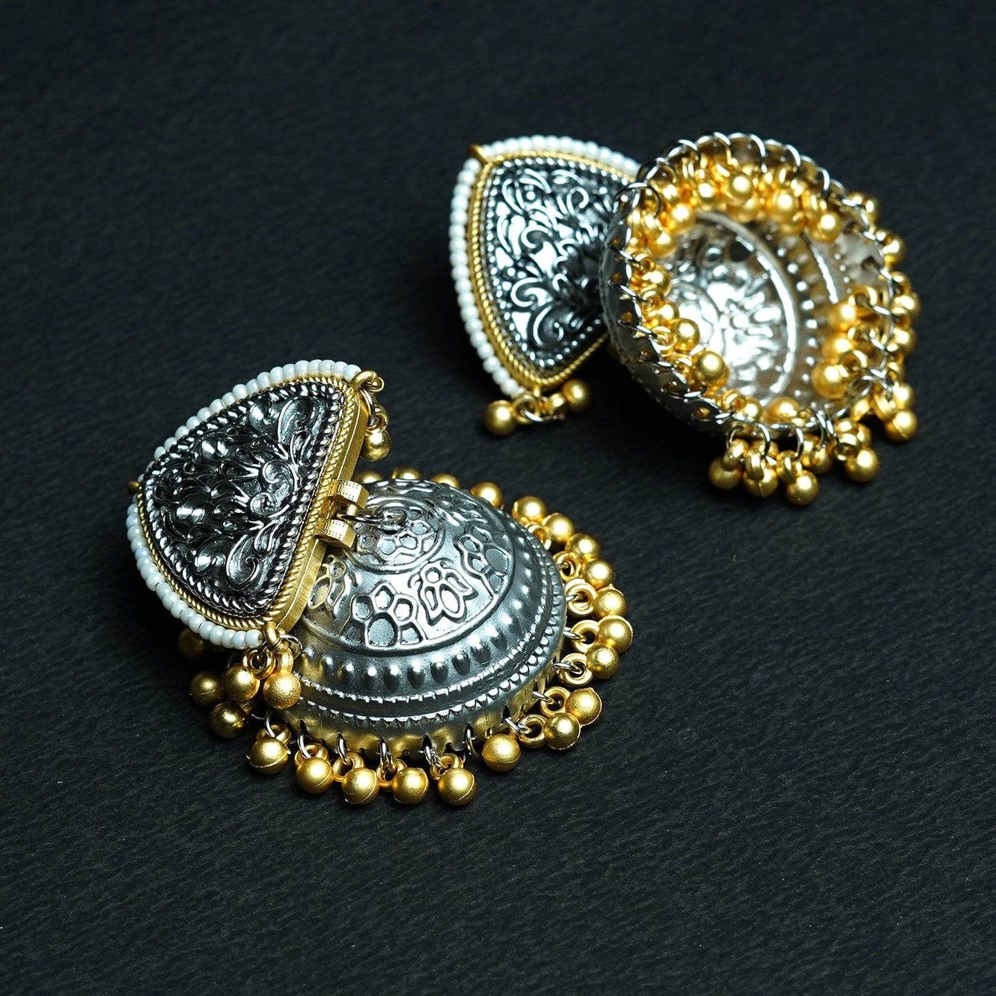 Zevar Club Oxidised Dual-Toned Gold & Silver Triangle Jhumka Earrings with Silver Ghungroo Beads