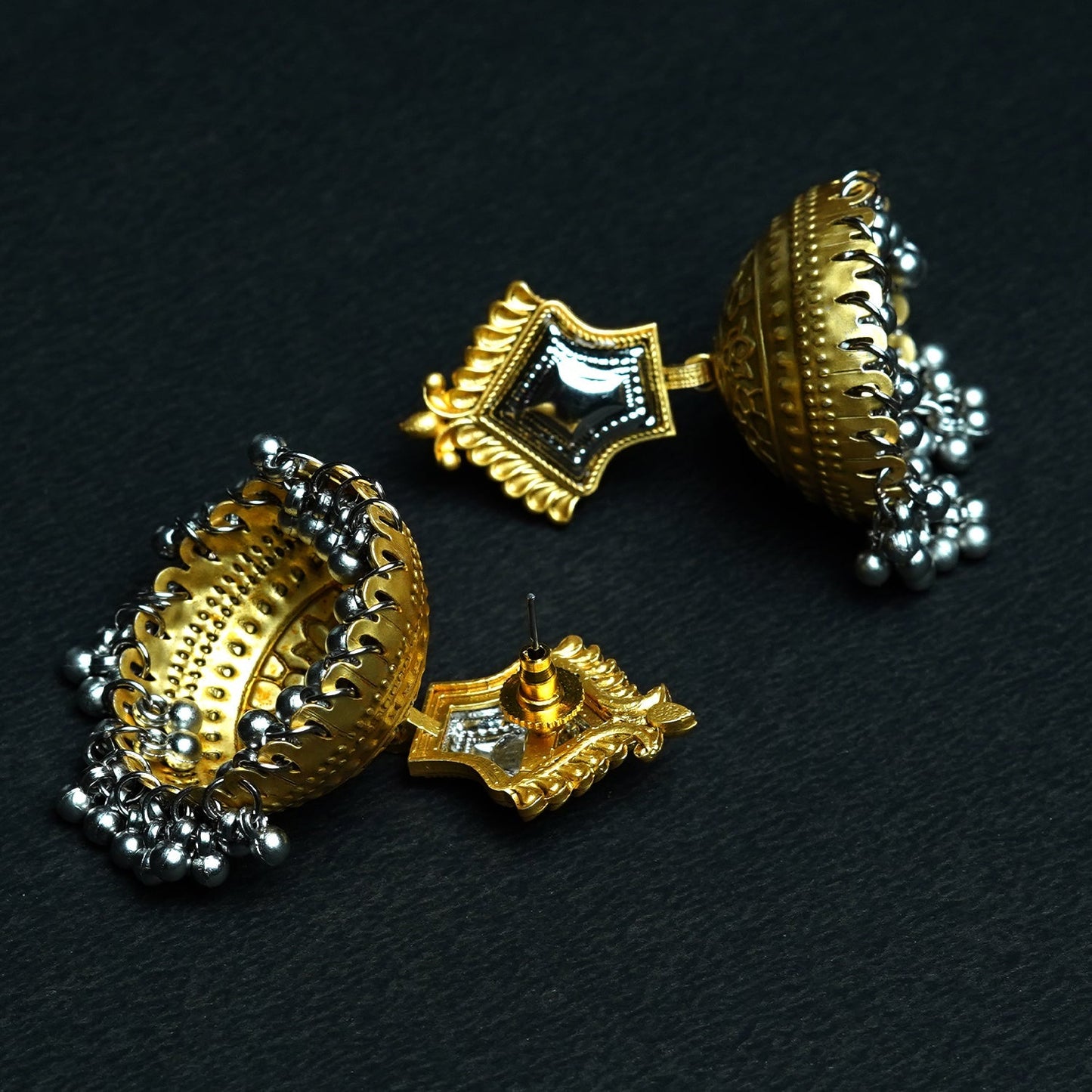 Zevar Club Oxidised Silver-Gold Tone Jhumka Earrings with Golden Beads Statement Design