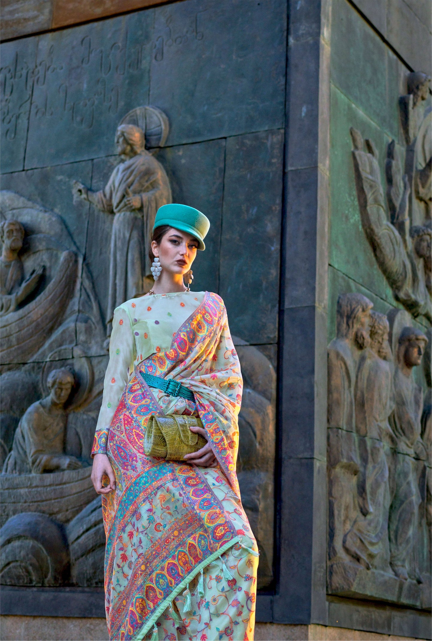 Sea Green Kashneer Organza Kashmiri Handloom Silk Saree