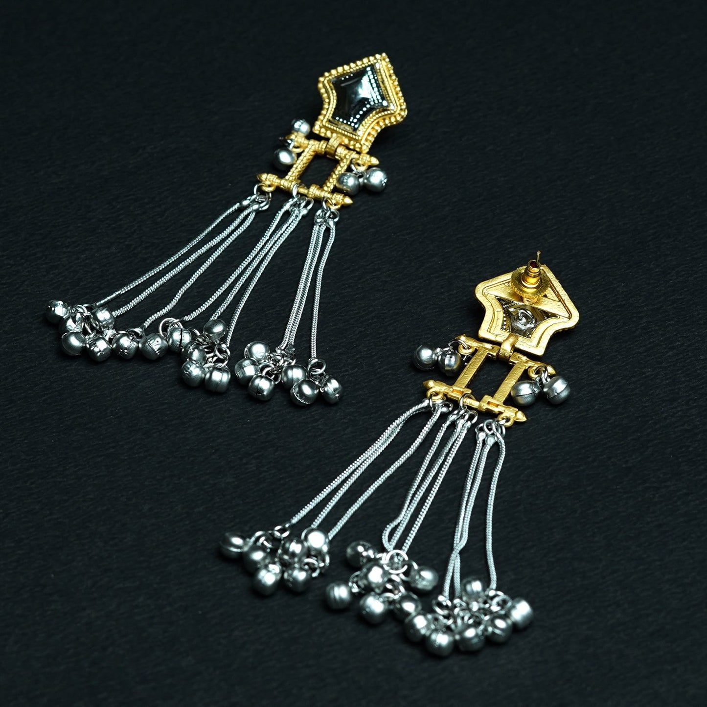 Zevar Club Oxidised Gold & Silver Long Chain Shoulder Duster Earrings with Black Enamel Top