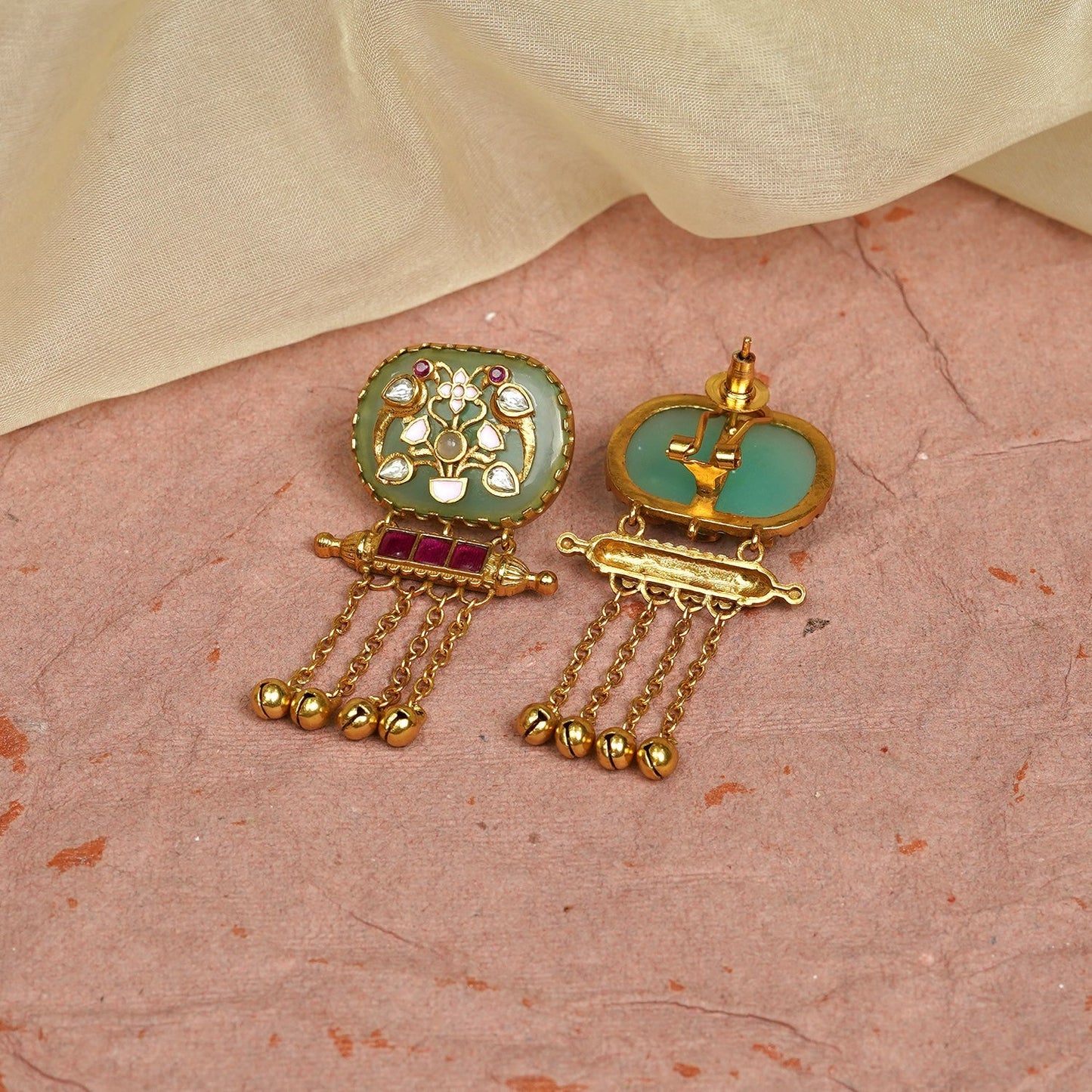 Zevar Club 22K Gold-Plated Handcrafted Mint Green Enamelled Dome Earrings with White & Red Kundan and Multi-Layered Golden Chain Drops