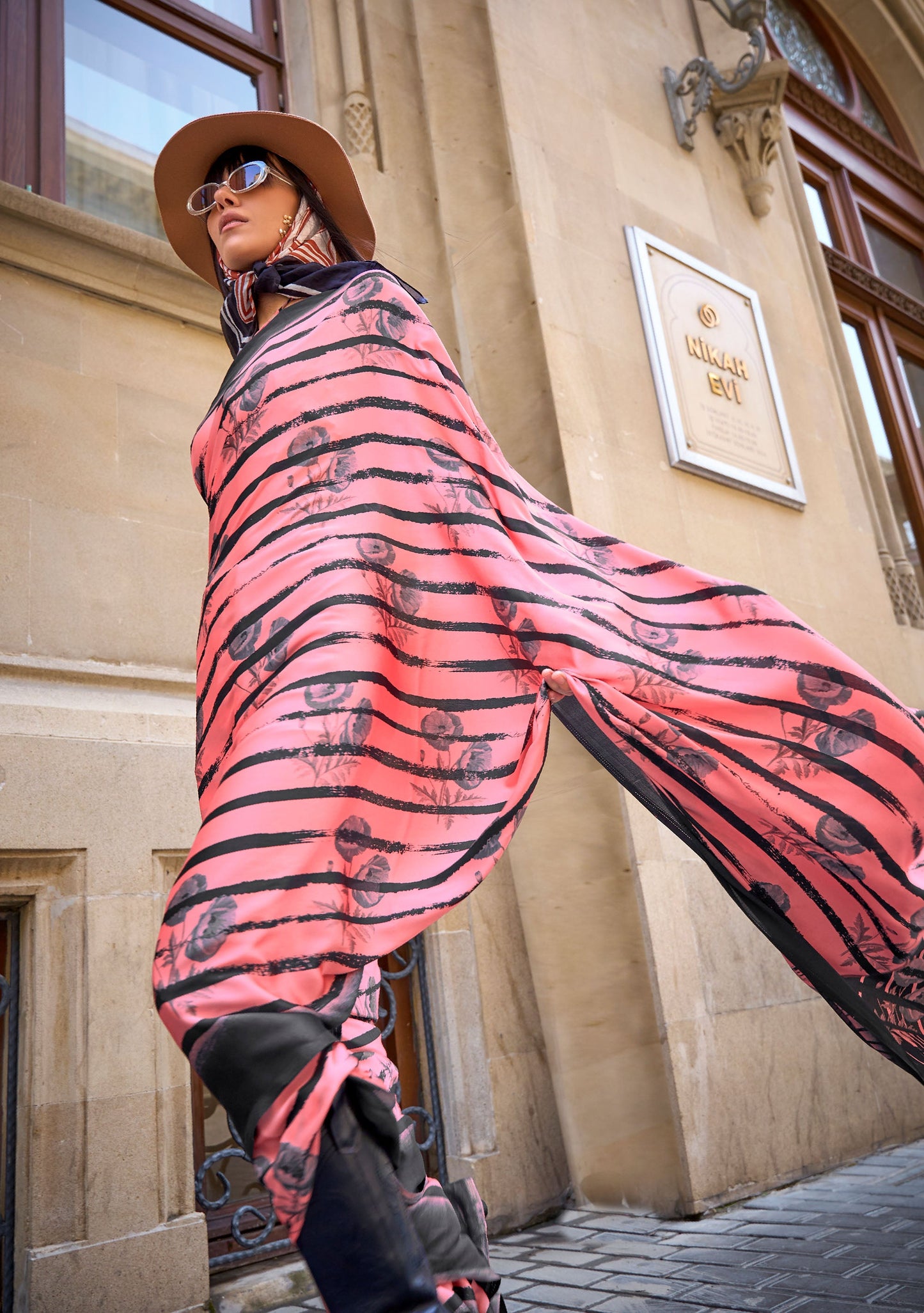 Coral Stripes Kubik Print Satin Saree