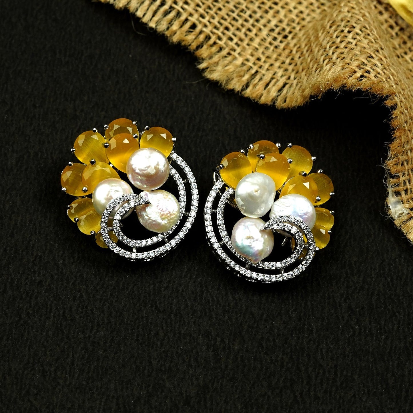 Zevar Club Rhodium-Plated Handcrafted Baroque Pearl & Black Crystal Cubic Zirconia Swirl Stud Earrings