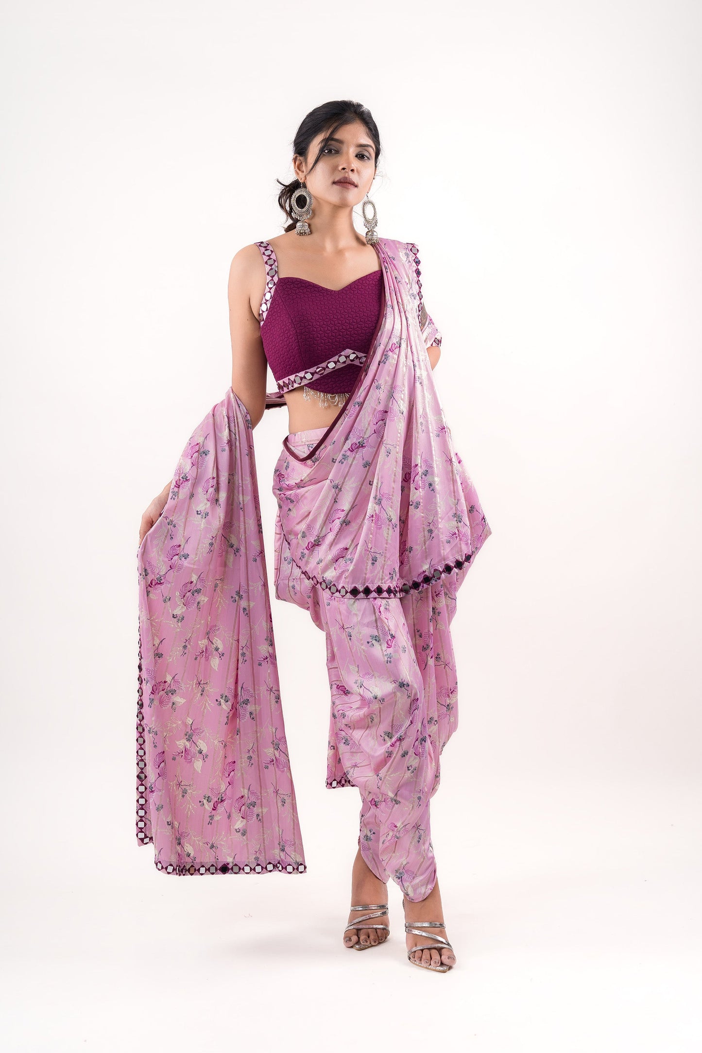 Wine Quilted crop top, draped dhoti pants