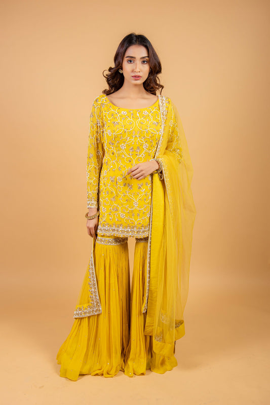 Yellow Color Net Embroidered Kurta Gharara Set for Haldi