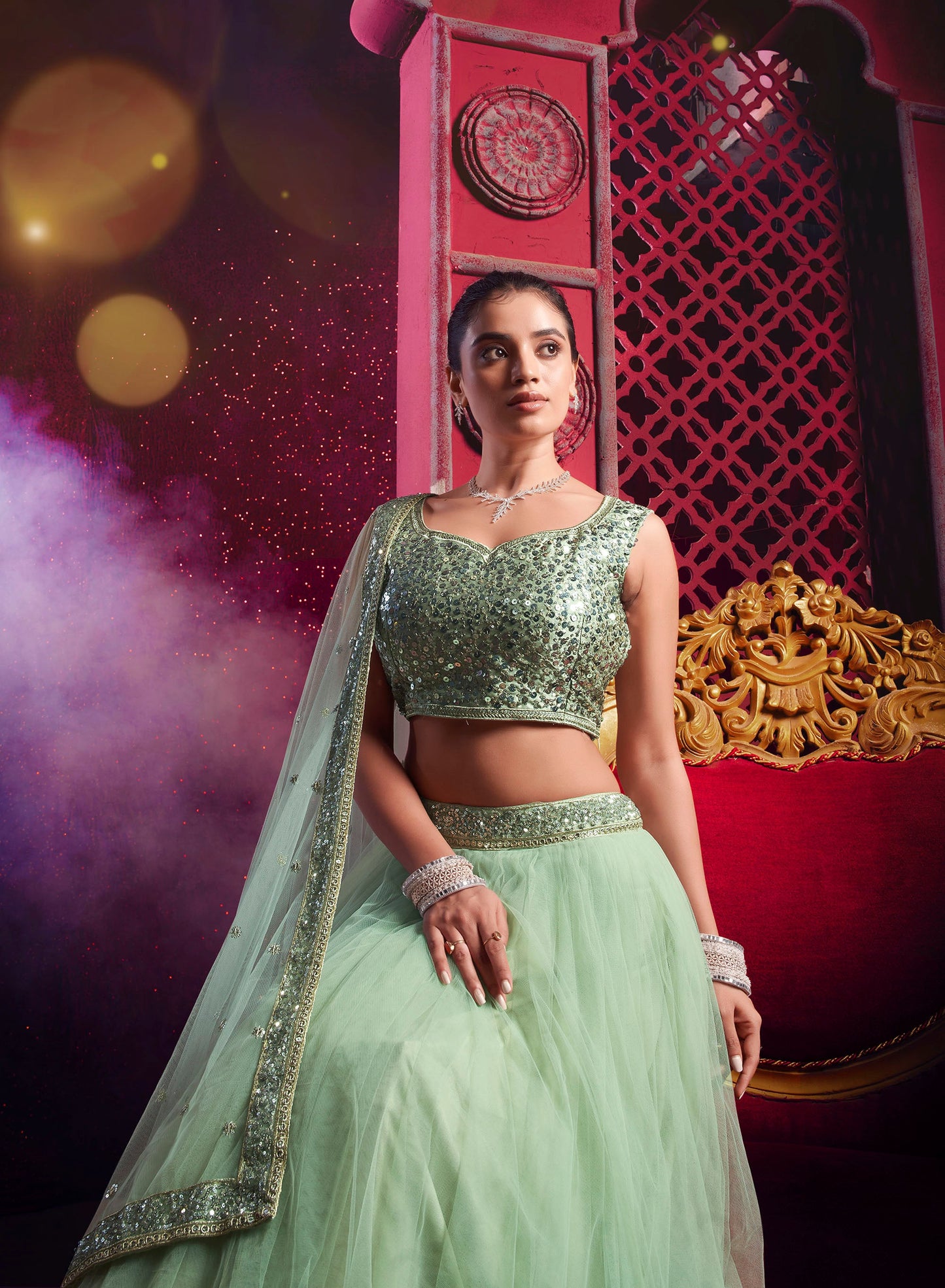 Pista Green Net Sequence Embroidery Bridesmaid Lehenga