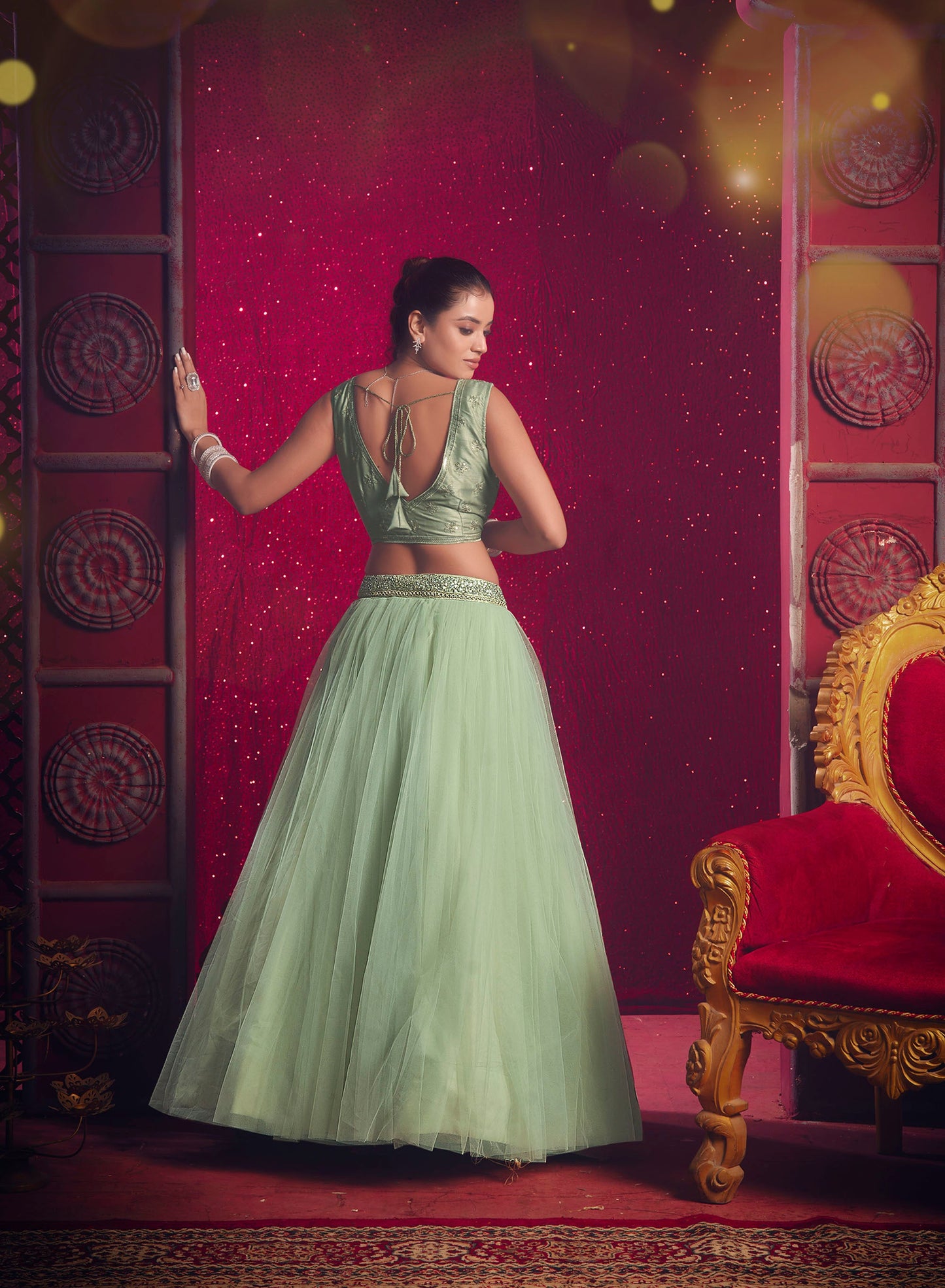 Pista Green Net Sequence Embroidery Bridesmaid Lehenga