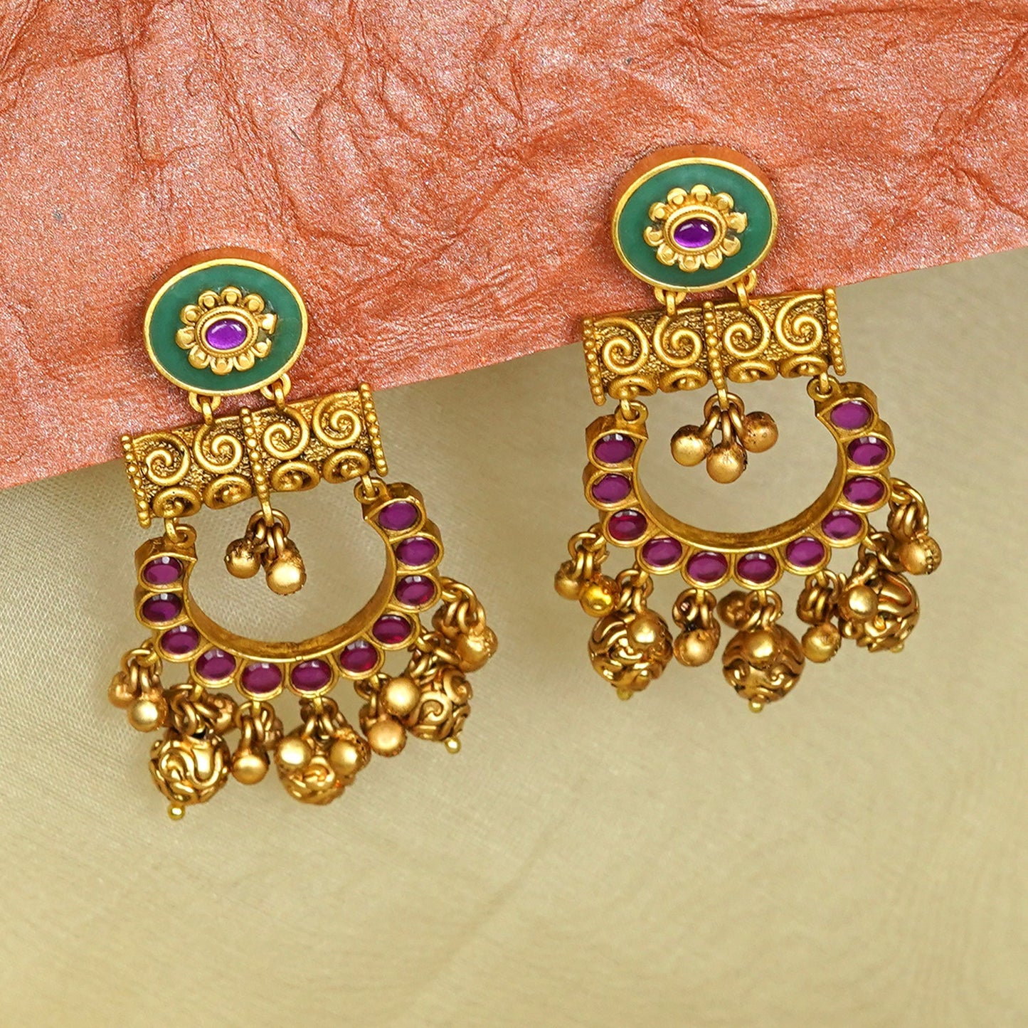 Zevar Club 22K Gold-Plated Green Enamelled and Ruby Stone Studded Temple Chandbali Earrings with Golden Beads